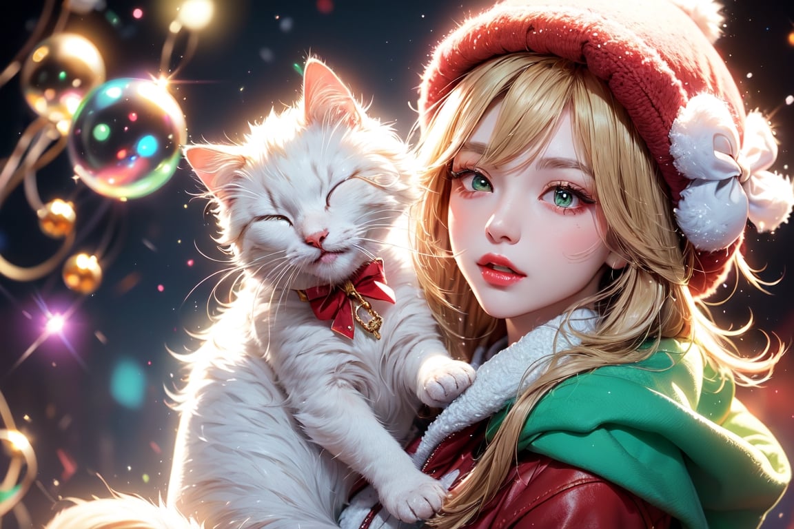 vtuber,Blonde girl,short hair,ruby-like eyes,red eyes,long red eyelashes,red lips, wearing a red snow hat with a white fur ball on the top,a purple starfish on the hat,white fur on the edge of the hat,and a red coat,coat with gold buttons,green skirt,green bow on the neck,green sneakers,gold laces,singing in front of microphone,holding a sleeping furry white cat,white cat wearing a pink bow on its head,surrounded by bubbles,shining point,concert,colorful stage lighting,no people,Tetris game background