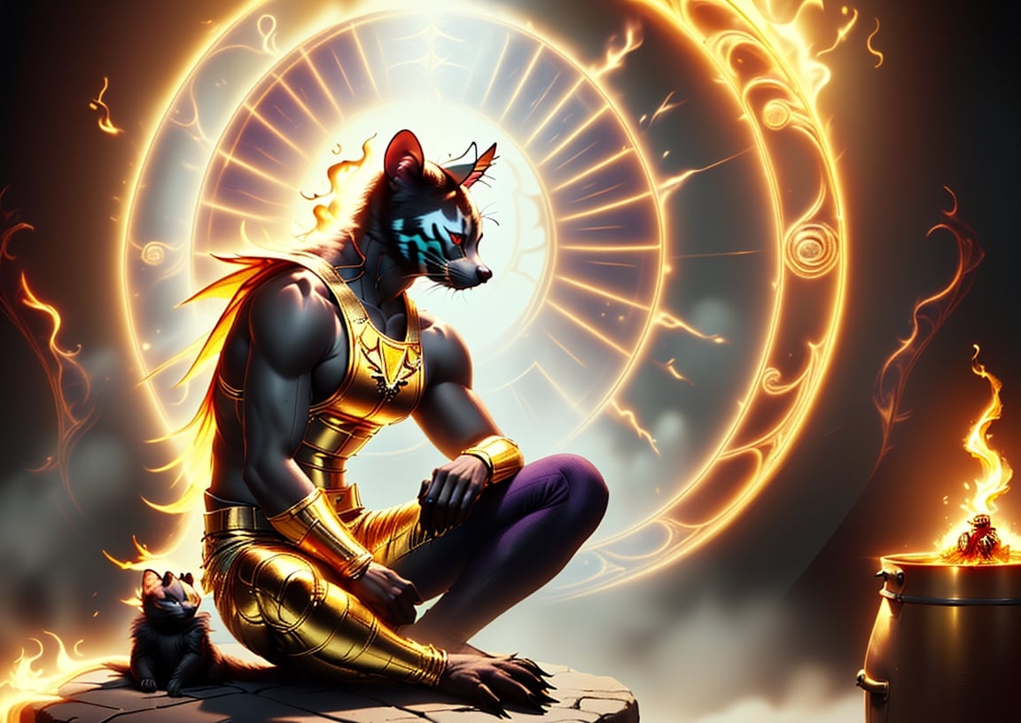 sit,solo,1 handsome civet cat boy,black purple skin,golden butterfly wings,emitting golden light,wearing golden pants,bib short,with no shoulder strap on the left shoulder,no  humans,flame,beam,alchemy furnace