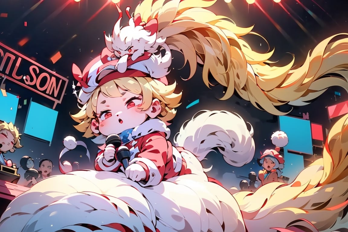 vtuber,Blonde girl,short hair,ruby-like eyes,red eyes,long red eyelashes,red lips, wearing a red snow hat with a white fur ball on the top,a purple starfish on the hat,white fur on the edge of the hat,and a red coat,coat with gold buttons,green skirt,green bow on the neck,green sneakers,gold laces,singing in front of microphone,holding a sleeping furry white cat,white cat wearing a pink bow on its head,surrounded by bubbles,shining point,concert,colorful stage lighting,no people,Tetris game background