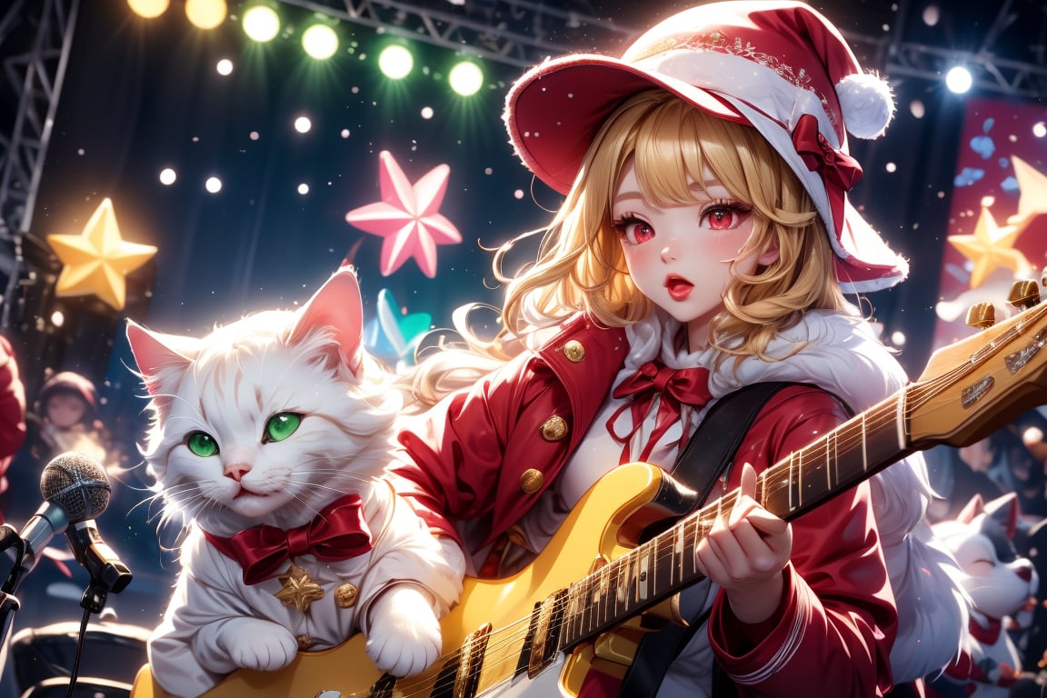 Blonde girl,singing,playing electric guitar,short hair,red eyes,long red eyelashes,red lips,wearing a red snow hat with a white fur ball on the top,a purple starfish on the hat,white fur on the edge of the hat,and a red coat,coat with gold buttons,green skirt,green bow on the neck,green sneakers,gold laces, no gloves,singing in front of microphone,sleeping furry white cat audience,white cat wearing a pink bow on head,surrounded by bubbles,shining point,concert,colorful stage lighting,no people,Tetris game background,anime