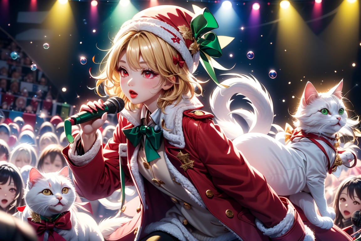 Blonde girl,singing,playing electric guitar,short hair,red eyes,long red eyelashes,red lips,wearing a red snow hat with a white fur ball on the top,a purple starfish on the hat,white fur on the edge of the hat,and a red coat,coat with gold buttons,green skirt,green bow on the neck,green sneakers,gold laces, no gloves,singing in front of microphone,sleeping furry white cat audience,white cat wearing a pink bow on head,surrounded by bubbles,shining point,concert,colorful stage lighting,no people,Tetris game background,anime