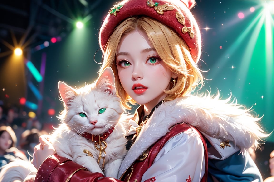 vtuber,Blonde girl,short hair,ruby-like eyes,red eyes,long red eyelashes,red lips, wearing a red snow hat with a white fur ball on the top,a purple starfish on the hat,white fur on the edge of the hat,and a red coat,coat with gold buttons,green skirt,green bow on the neck,green sneakers,gold laces,singing in front of microphone,holding a sleeping furry white cat,white cat wearing a pink bow on its head,surrounded by bubbles,shining point,concert,colorful stage lighting,no people,Tetris game background