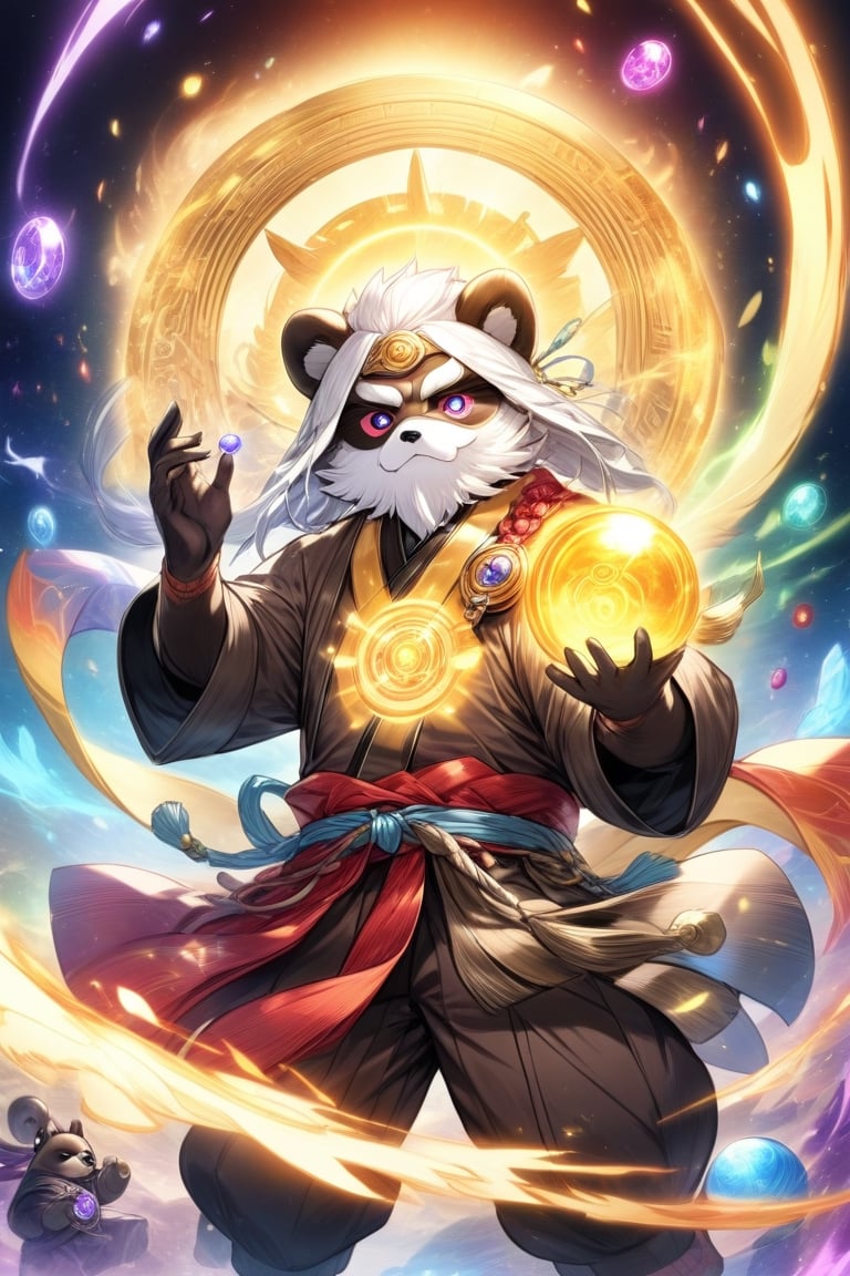 1Ninja tanuki,fighting,7 color Ninja outfit,7 color ancient alchemy God,holding cosmic ball,chanting,7 color shining ancient words everywhere,glowing mantra everywhere,luminous engraving everywhere,seal,strong style,sun king,sun halo,solo,special long white beard,long white eyebrows,gather lightning elixir in the palm of hand,king of glory,focused on  elixir,aim at pill,colorful skin,surrounded by flames,golden butterfly wings,emitting golden light,wearing golden bib short with no shoulder strap on left shoulder,no humans,flame,beam,fire alchemy furnace,thunder pill,crystal cave,crystal background,diamond,gem,tanuki,no human