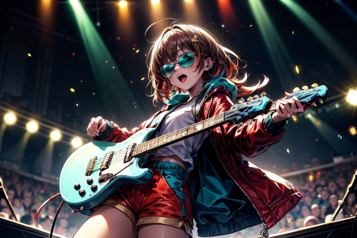 solo,1boy,closeup face,blue glowing aura,thick hair,orange hair,brown hair,gold frame sunglasses,red tie,red jacket,teal shorts,White shirt,a gold edge pocket on left side pants,white sneakers,right hand wearing a white square watch,white sneakers,singing in front of microphone,play electric guitar,universe background,cyan beam,fireflies,shining point,concert,colorful stage lighting,no people