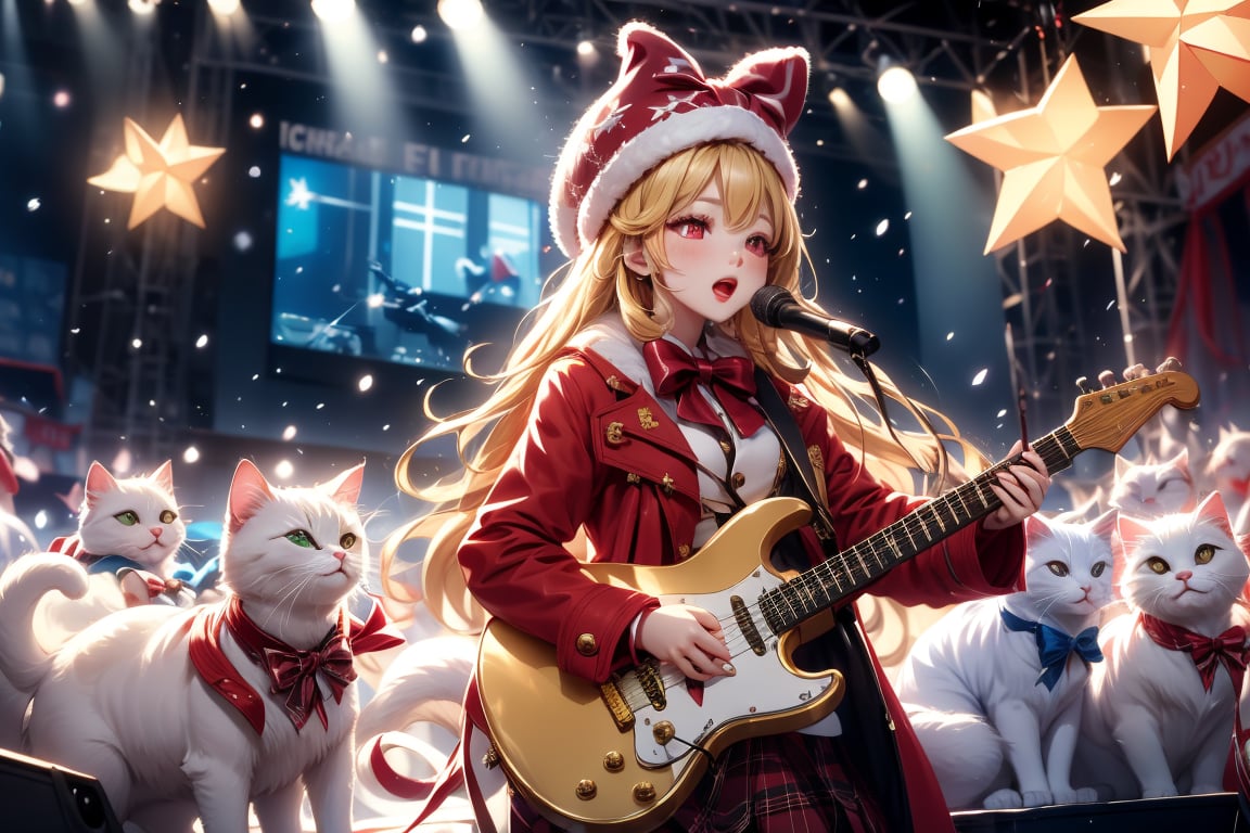 Blonde girl,singing,playing electric guitar,long hair,red eyes,long red eyelashes,red lips,wearing a red snow hat with a white fur ball on the top,a purple starfish on the hat,white fur on the edge of the hat,and a red coat,coat with gold buttons,green skirt,green bow on the neck,green sneakers,gold laces, no gloves,singing in front of microphone,sleeping furry white cat audience,white cat wearing a pink bow on head,surrounded by bubbles,shining point,concert,colorful stage lighting,no people,Tetris game background,anime