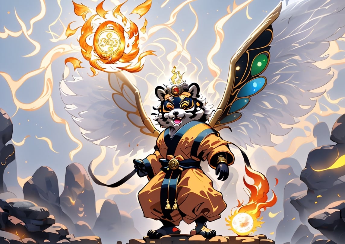 1Ninja tanuki,fighting,7 color Ninja outfit,7 color ancient alchemy God,holding cosmic ball,chanting,7 color shining ancient words everywhere,glowing mantra everywhere,luminous engraving everywhere,seal,strong style,sun king,sun halo,solo,special long white beard,long white eyebrows,gather lightning elixir in the palm of hand,king of glory,focused on  elixir,aim at pill,colorful skin,surrounded by flames,golden butterfly wings,emitting golden light,wearing golden bib short with no shoulder strap on left shoulder,no humans,flame,beam,fire alchemy furnace,thunder pill,crystal cave,crystal background,diamond,gem