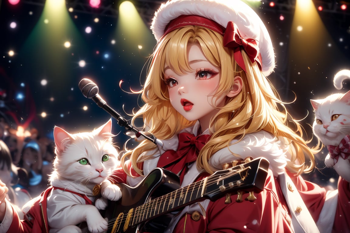 Blonde girl,singing,playing electric guitar,long hair,red eyes,long red eyelashes,red lips,wearing a red snow hat with a white fur ball on the top,a purple starfish on the hat,white fur on the edge of the hat,and a red coat,coat with gold buttons,green skirt,green bow on the neck,green sneakers,gold laces, no gloves,singing in front of microphone,sleeping furry white cat audience,white cat wearing a pink bow on head,surrounded by bubbles,shining point,concert,colorful stage lighting,no people,Tetris game background,anime