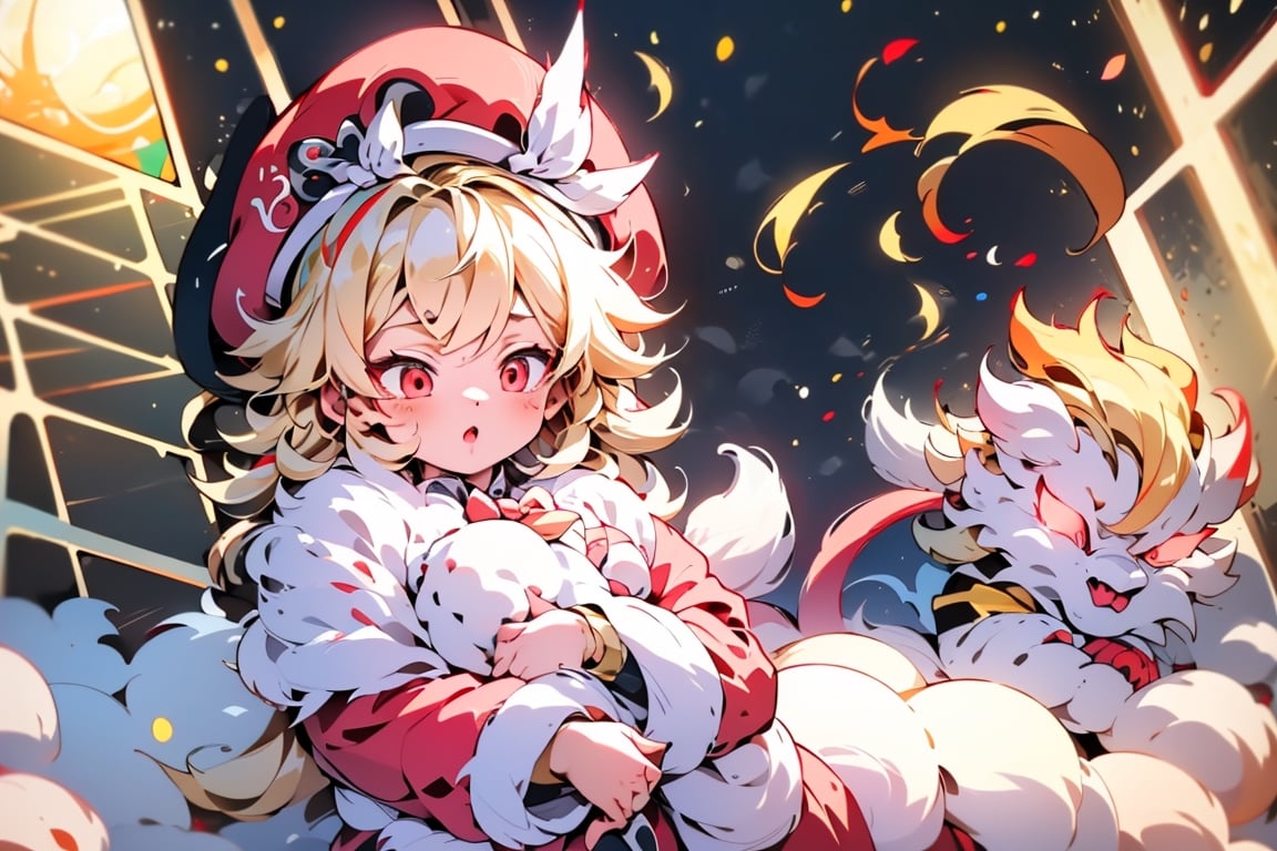 vtuber,Blonde girl,short hair,ruby-like eyes,red eyes,long red eyelashes,red lips, wearing a red snow hat with a white fur ball on the top,a purple starfish on the hat,white fur on the edge of the hat,and a red coat,coat with gold buttons,green skirt,green bow on the neck,green sneakers,gold laces,singing in front of microphone,holding a sleeping furry white cat,white cat wearing a pink bow on its head,surrounded by bubbles,shining point,concert,colorful stage lighting,no people,Tetris game background