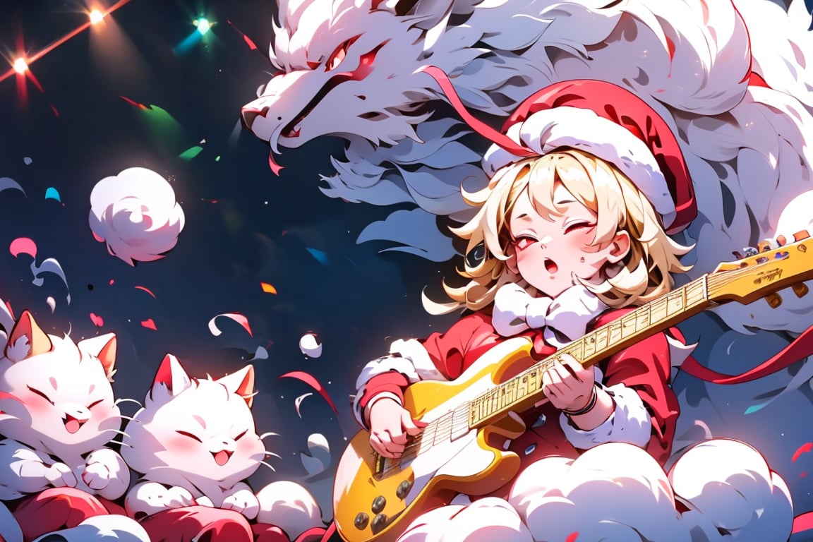 solo,Blonde woman,singing,playing electric guitar,short hair,red eyes,long red eyelashes,red lips,wearing a red snow hat with a white fur ball on the top,a purple starfish on the hat,white fur on the edge of the hat,and a red coat,coat with gold buttons,green skirt,green bow on the neck,green sneakers,gold laces, no gloves,singing in front of microphone,sleeping furry white cat audience,white cat wearing a pink bow on head,surrounded by bubbles,shining point,concert,colorful stage lighting,no people,electric guitar