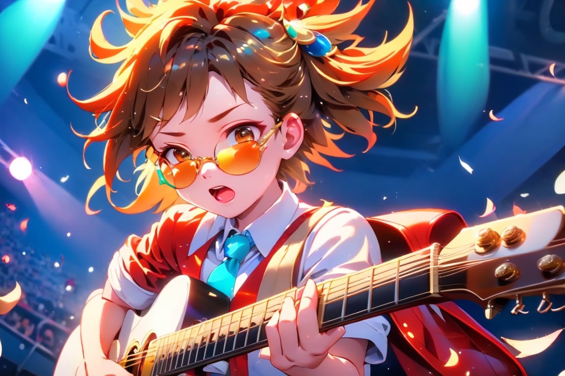 solo,1boy,closeup face,blue glowing aura,thick hair,orange hair,brown hair,gold frame sunglasses,red tie,red jacket,teal shorts,White shirt,a gold edge pocket on left side pants,white sneakers,right hand wearing a white square watch,white sneakers,singing in front of microphone,play electric guitar,universe background,cyan beam,fireflies,shining point,concert,colorful stage lighting,no people