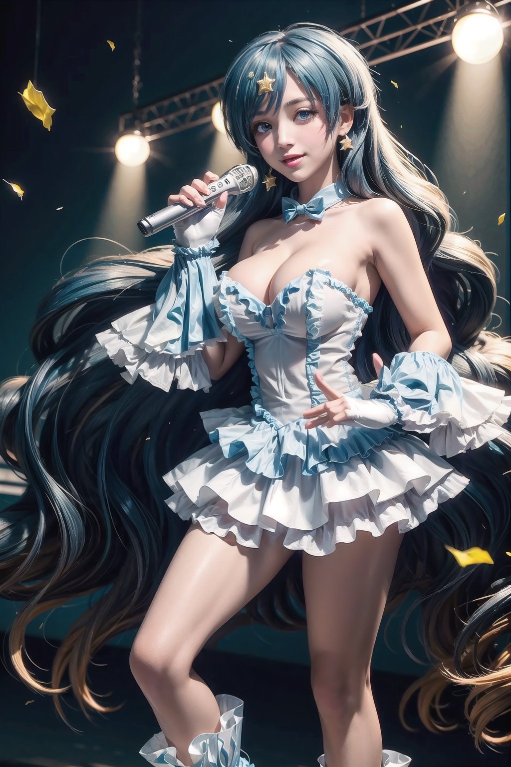 charming smile, (Masterpiece), full body shot, best quality, high resolution, highly detailed, detailed background, movie lighting, looking_at_viewer, 1girl, ((She has blue long hair, large breasts, cleavage 2.0)), blue eyes, idol, light blue idol clothes, underbust, stage, microphone , stage lights, music, blush, heavy breathing, sweat, concert, ((frilly gloves, frilly skirt 2.0)), ruffles, confetti, hearts, hair accessories, hair bows, gems, jewelry, neon lights , bow tie, pointing, spotlight, sparkles, light particles, frame breasts, cross lace