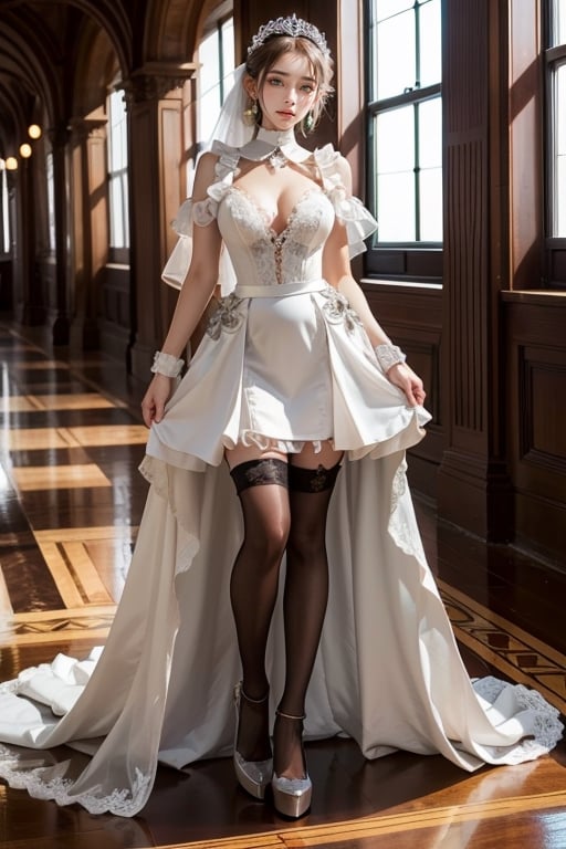 (((full body shot))) (NSFW: 1.1) (original photo, best quality), 1girl, solo, waist-length hair, breasts, skirt, silver hair, stockings, navel, cleavage, bare shoulders,, medium boobs, Cowboy shot, ruffles, split lip, choker, high waist, mini ruffle skirt, exposed petticoat, black lace sheer tights, white apron, girdle, lips, maid, maid tiara, split collar, red lips , beautiful legs and hot body (slender and slender thighs), ,More Detail,luxurious wedding dress