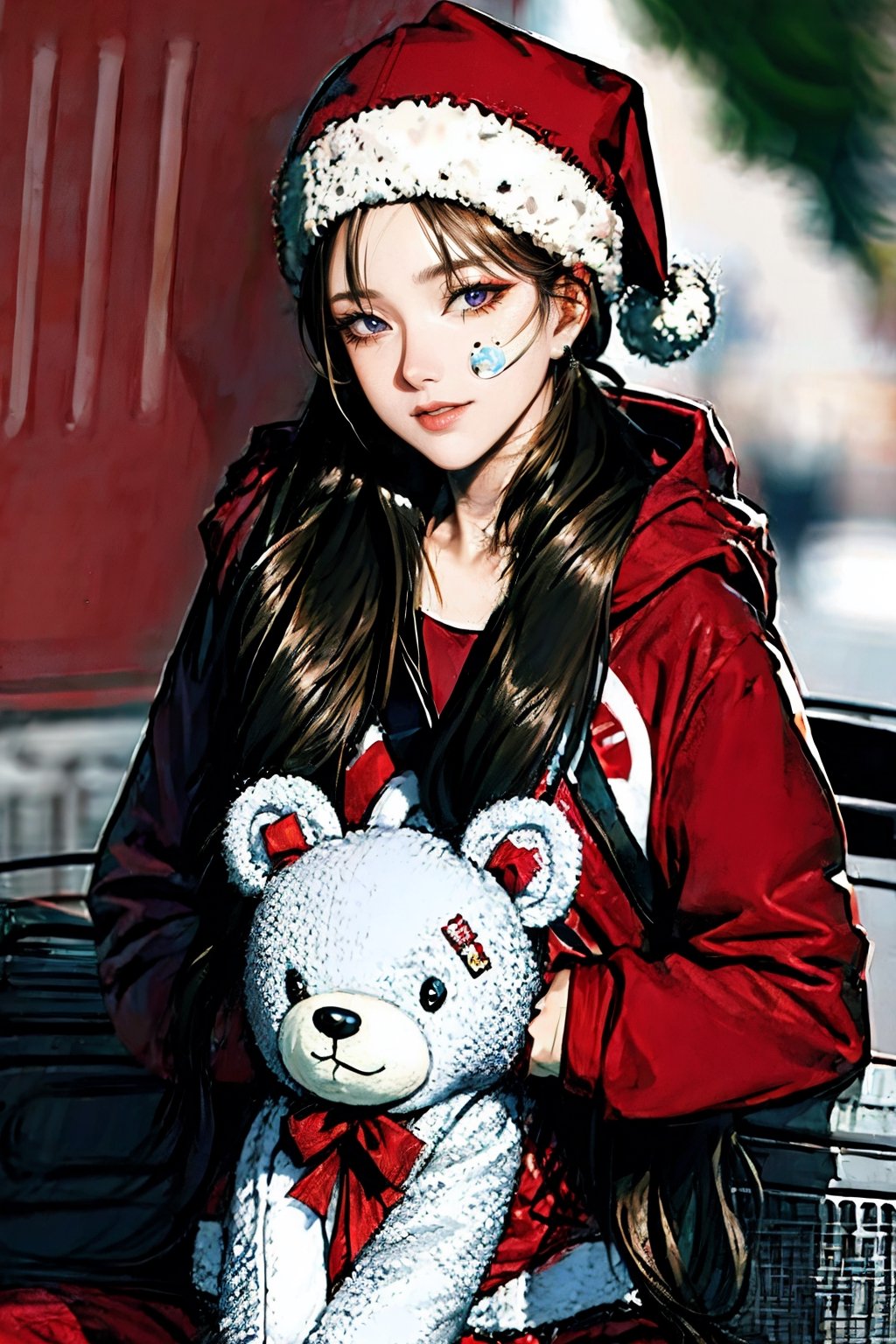 (masterpiece),,(best quality), 
1girl, solo, long hair, looking at viewer, long sleeves, hat, closed mouth, jacket, outdoors, hood, bag, blurry, fur trim, blurry background, stuffed toy, backpack, stuffed animal, hood down, ground vehicle, bandaid, hooded jacket, red headwear, motor vehicle, red jacket, santa hat, teddy bear, bandaid on face,Rosy Zhao