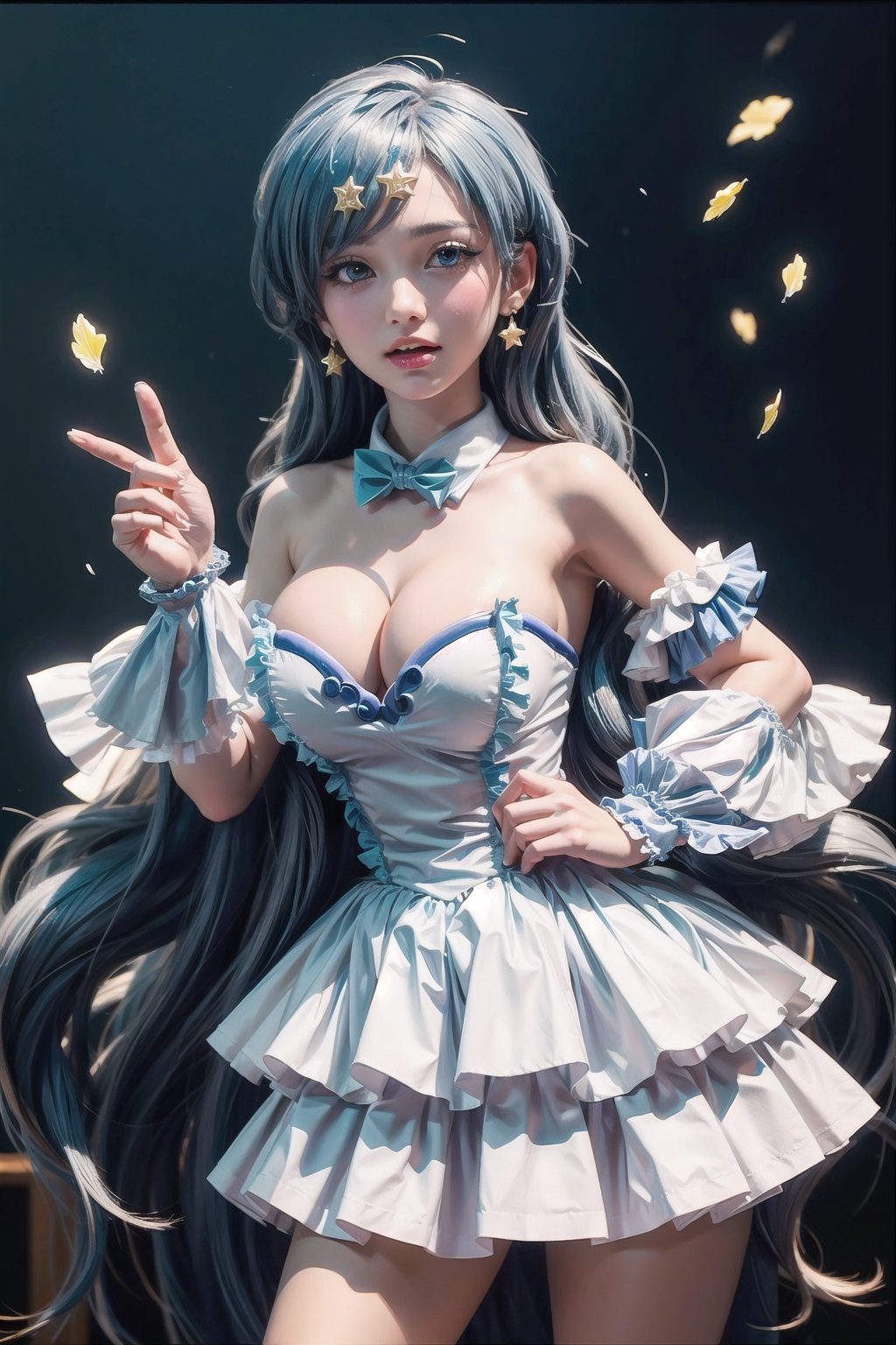 (Masterpiece), full body shot, best quality, high resolution, highly detailed, detailed background, movie lighting, looking_at_viewer, 1girl, ((She has blue long hair, large breasts, cleavage 2.0)), blue eyes, idol, light blue idol clothes, underbust, stage, microphone , stage lights, music, blush, heavy breathing, sweat, concert, frilly gloves, frilly skirt, ruffles, confetti, hearts, hair accessories, hair bows, gems, jewelry, neon lights , bow tie, pointing, spotlight, sparkles, light particles, frame breasts, cross lace