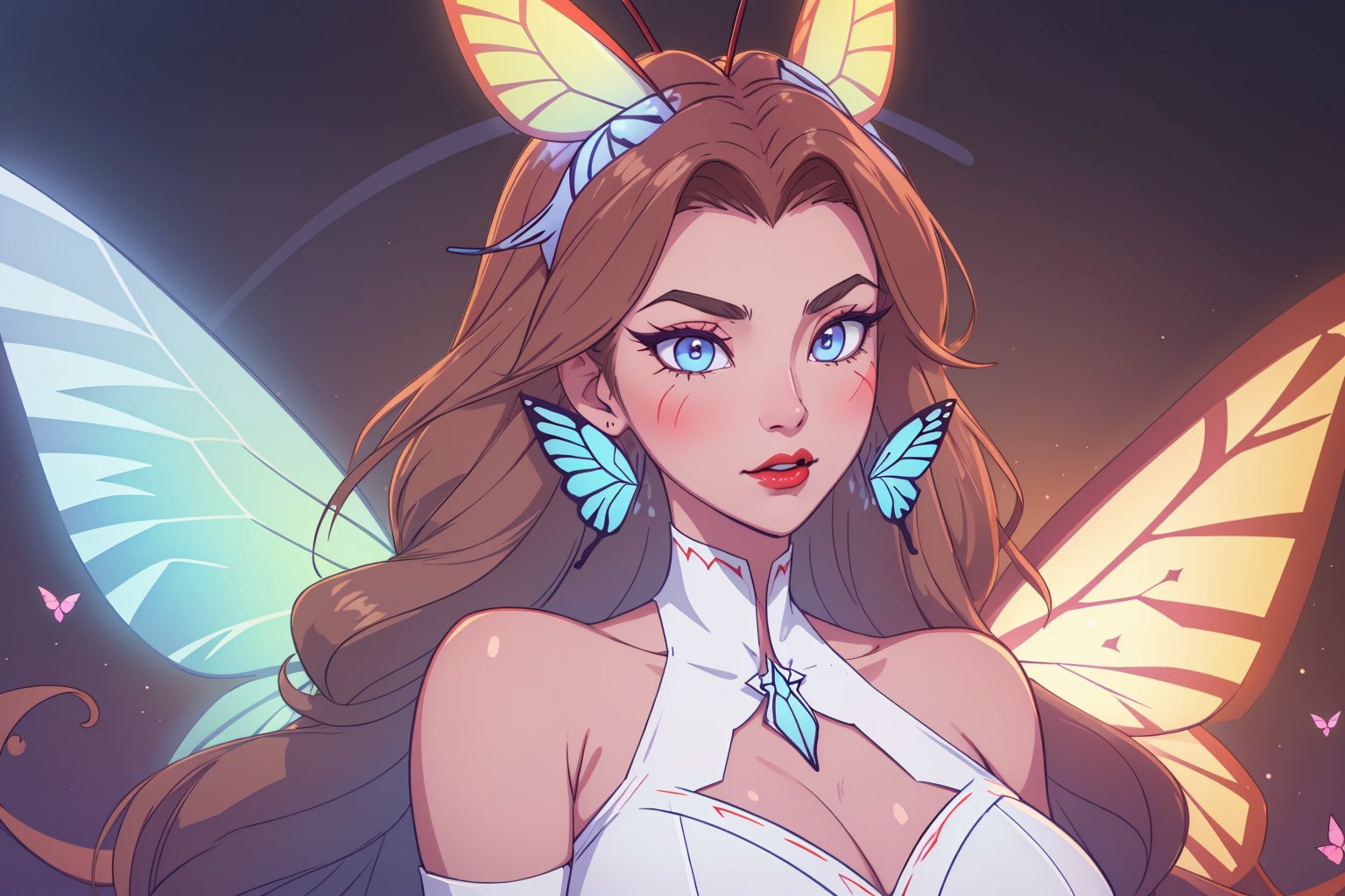 ((masterpiece, best quality, 1girl, solo)), short wavy dark light brown hair, light blue eyes, butterfly wings and antennae, red lips, white skin,  hupper body, face view,  thick eyelashes, red dress, happy,  long face, sharp jaw, huge boobs,  demon butterfly, butterfly aesthetic; Cotton Candy, Alastor