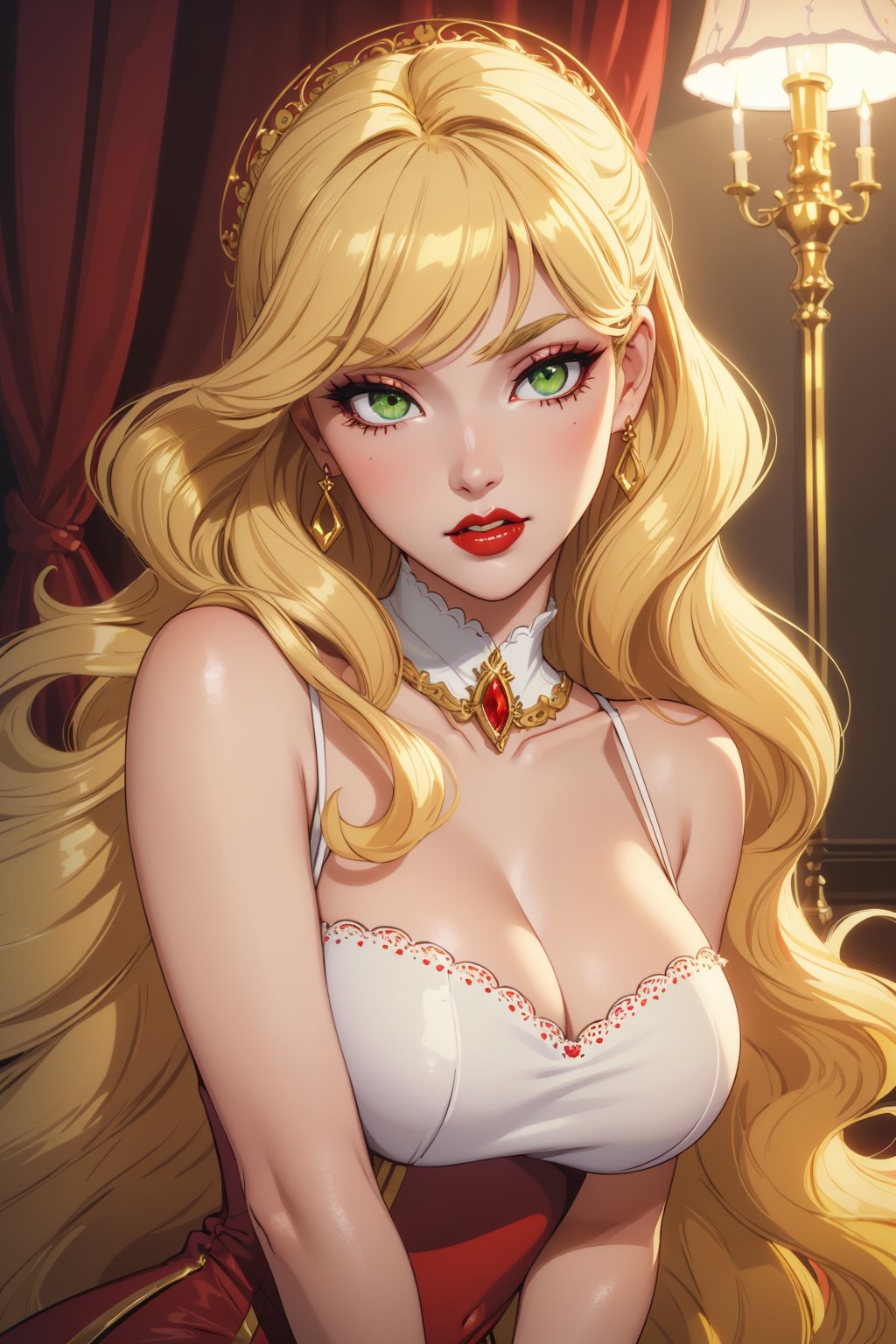 ((masterpiece, best quality, young 1girl, solo)), long curly dark light gold blonde retro hairstyle, hair with bang, green eyes,  White skin, demonic outfit classy chic, demon aesthetic, red lips, white skin,  hupper body, face view,  thick eyelashes, red dress, happy,  long face, sharp jaw,  ,Alastor, sexy pose,Hazbin Hotel