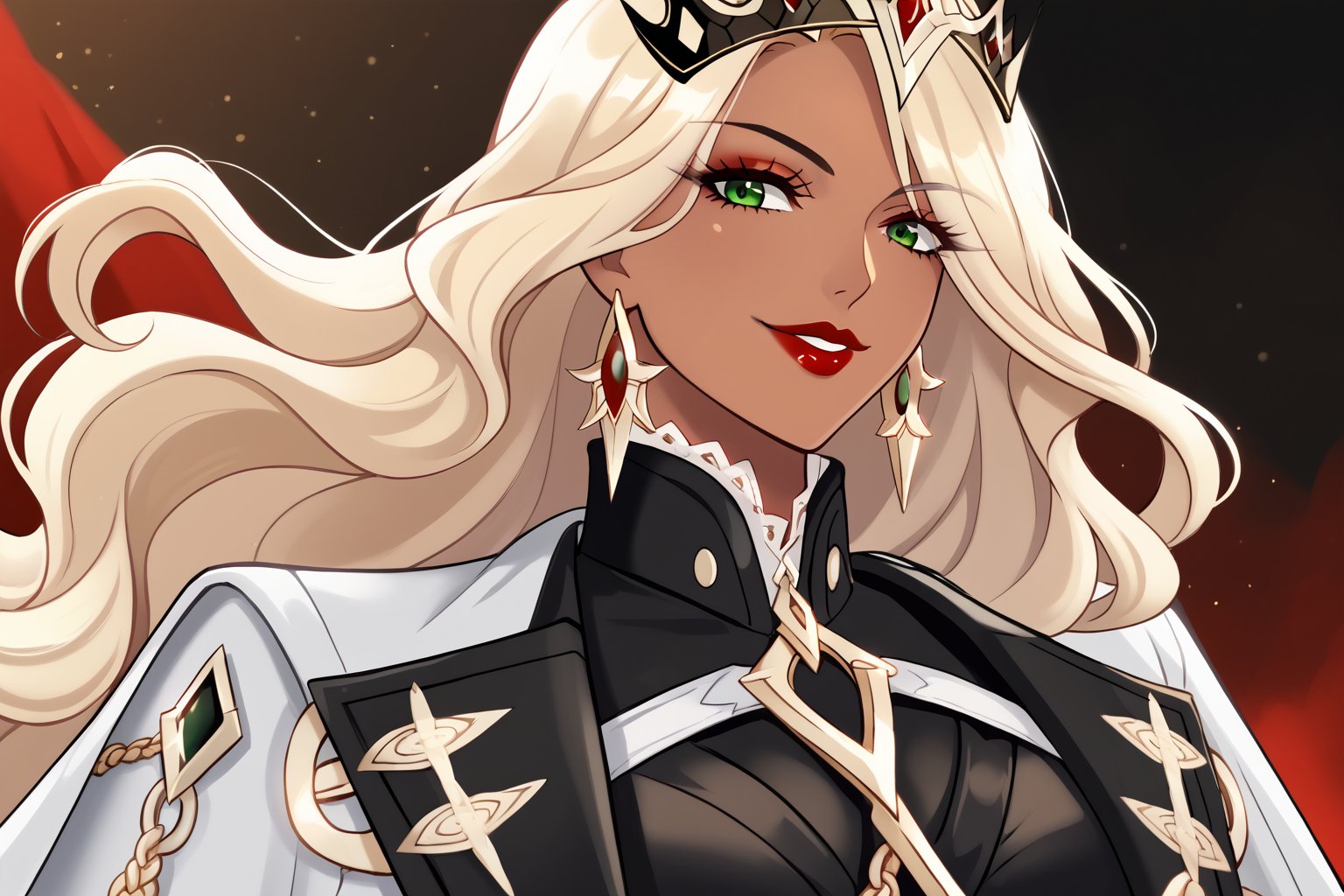 Only 1 Girl, mature female, semi realism, perfect face, long ashe blonde wavy hair, tanned skin, green eyes, red lips, makeup, collar, evil smile, dark aesthetic, white harness dress clothes, long white cloak, crown,  closer view