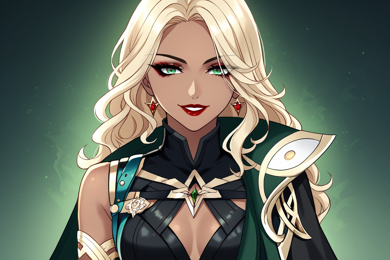 Only 1 Girl, female, semi realism, perfect face, long ashe blonde wavy hair, tanned skin, green eyes, red lips, makeup, collar, evil smile, dark aesthetic, harness dress clothes, long white cloak, face view