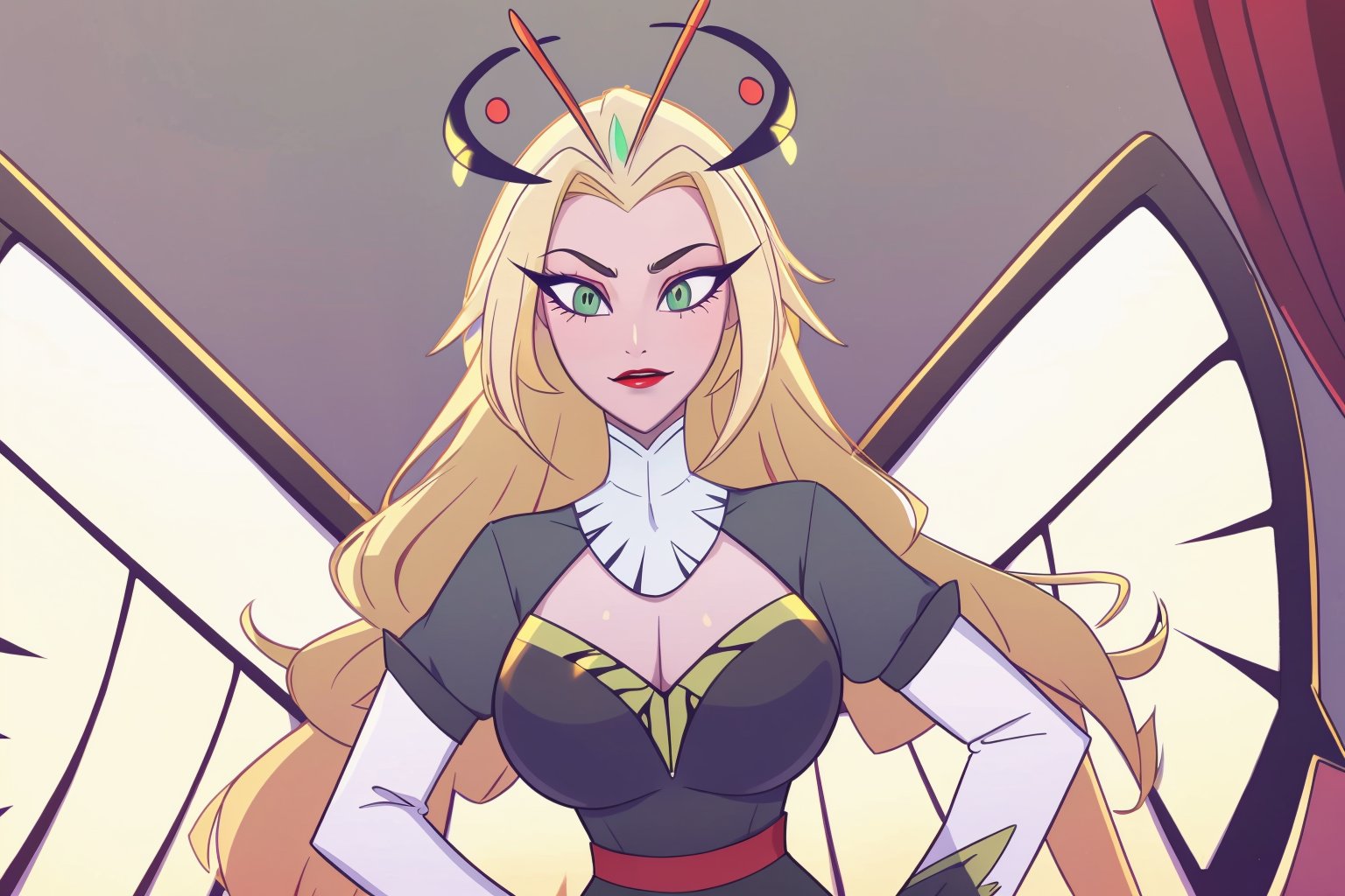 ((masterpiece, best quality, 1girl, solo)), long wavy gold blonde hair, heterochromia green and red eyes, butterfly wings and antennae, red lips, white skin,  hupper body, face view, dark thick eyelashes, dark and classy chic dress, happy, huge boobs,  demon butterfly, butterfly aesthetic,Lute, Adam, Cotton Candy, at the court, sitting
