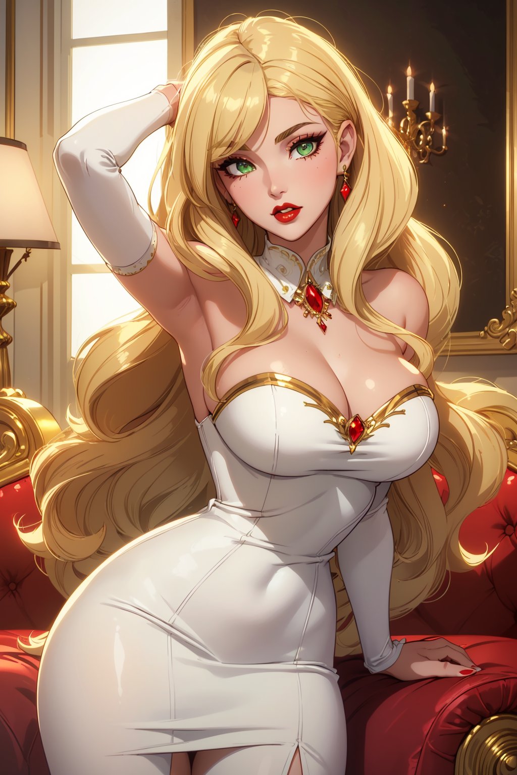 ((masterpiece, best quality, young 1girl, solo)), long curly dark light gold blonde retro hairstyle, hair with bang, green eyes,  White skin, demonic outfit classy chic, demon aesthetic, red lips, white skin,  hupper body, face view,  thick eyelashes, red dress, happy,  long face, sharp jaw,  ,Alastor, sexy pose,Hazbin Hotel