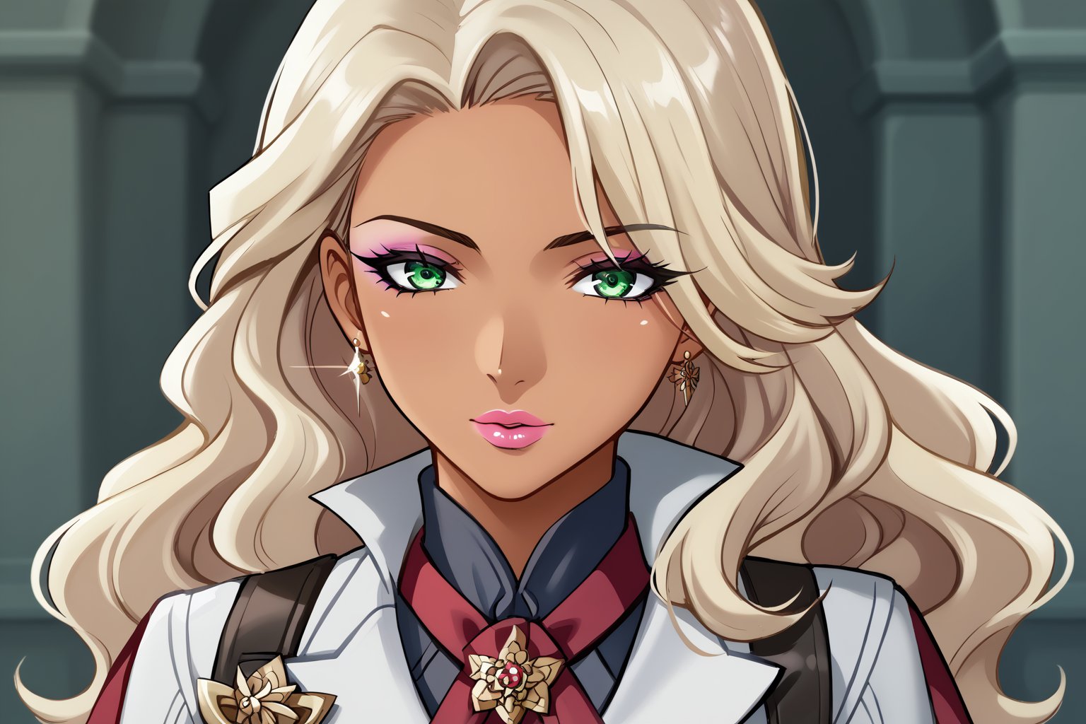 Only 1 Girl, female, semi realism, very tan skin, perfect face,ashe blonde wavy hair, green eyes, pink lips, makeup,  Liyue clothes