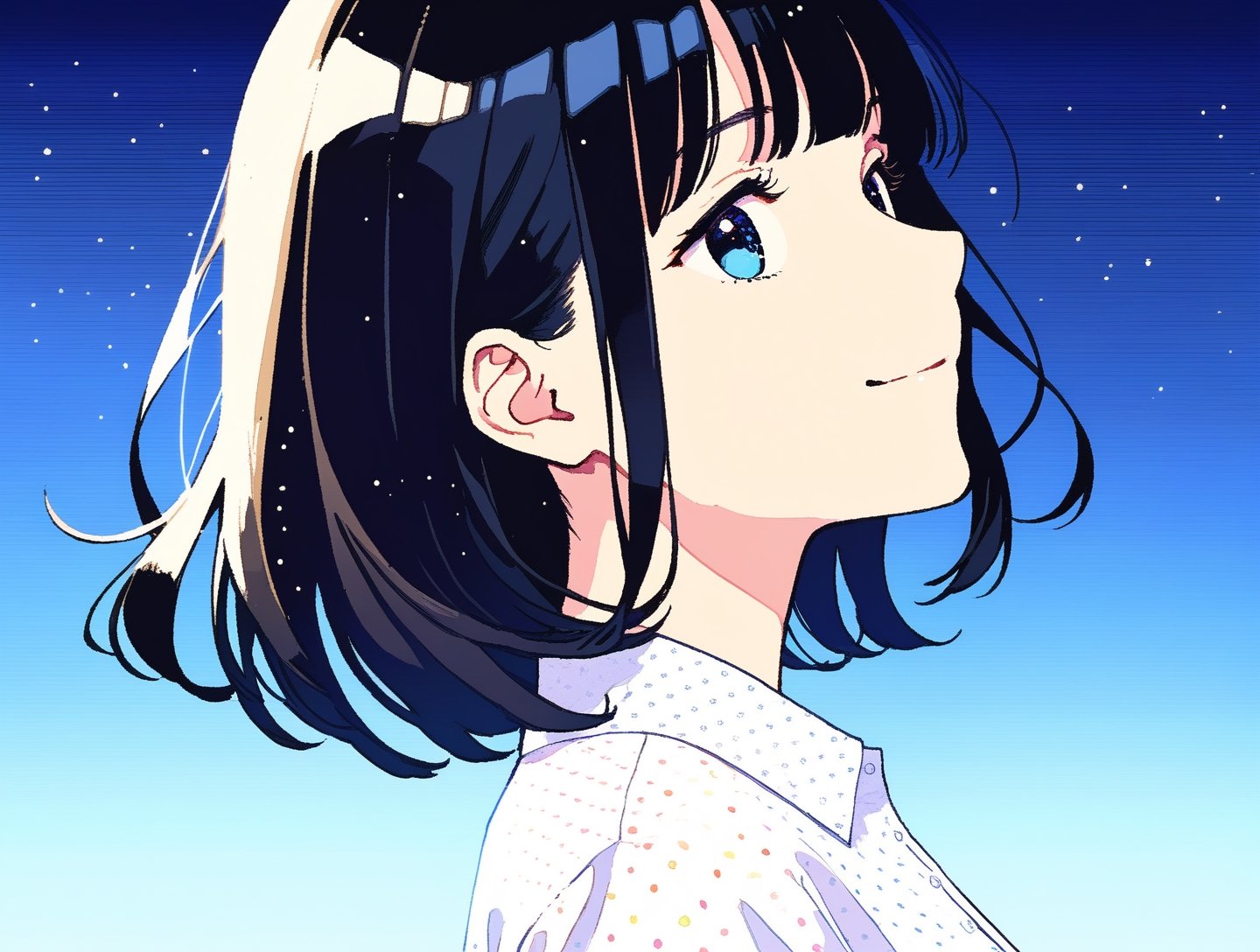 best quality, masterpiece,1girl, solo, smile,looking at viewer, bangs, blunt bangs, black hair, medium hair,standing, upper body, dress_shirt,,white dot shirts,sky,Cinematographic lighting, from side,cool girl,anime face, blue_sky background,