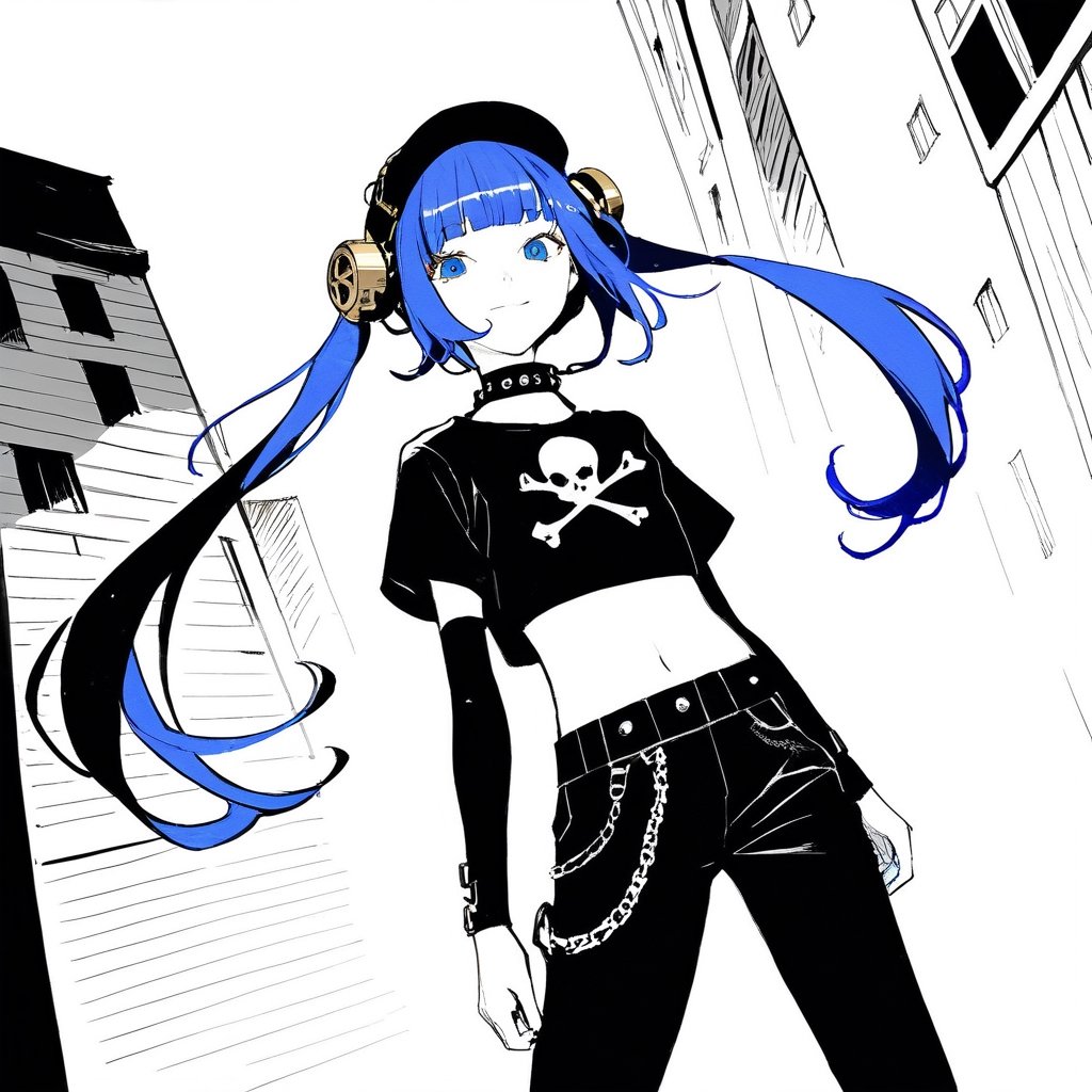 best quality, masterpiece, extremely detailed, cyber, cybernetic,intricate details, midjourney, detailed eyes,fantasy, outrageous, super detail, hyper detail, intricate detail, 
(Noir Comics-style illustration:1.2), (high contrast),  1girl,  solo, looking at viewer, bangs, blunt bangs, twin_tails are, two-tone-hair,blue hair, blonde hair, blue eyes, standing, stylish pose, cowboy_shot, Bright on the face,  Details of face, Long hair, straight hair, hair dancing in the wind, puff t-shirts, black cargo pants,  Black knit cap, lace-up boots, chain, skull and crossbones,Shoulder holster, steampunk, small breasts,  back alley city,  from above, concept art,  Cinematographic lighting, smile,