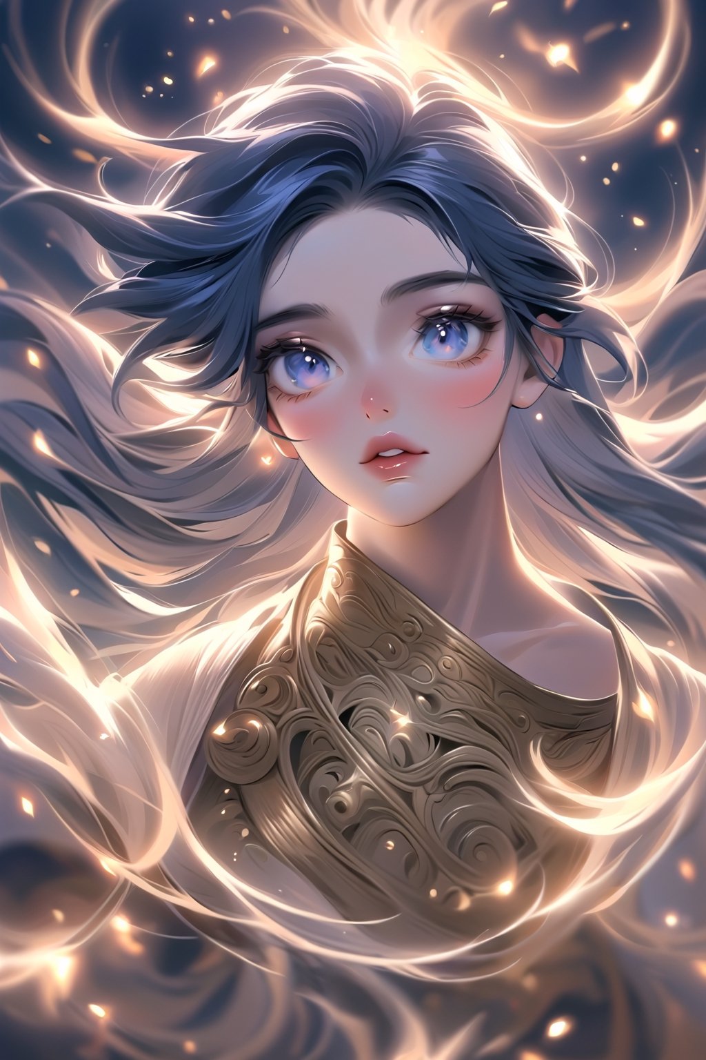 Style by NTY,  ((1girl) (((Full body image,  handsome (Xena is a warrior queen with long dark blue hair with golden strand...