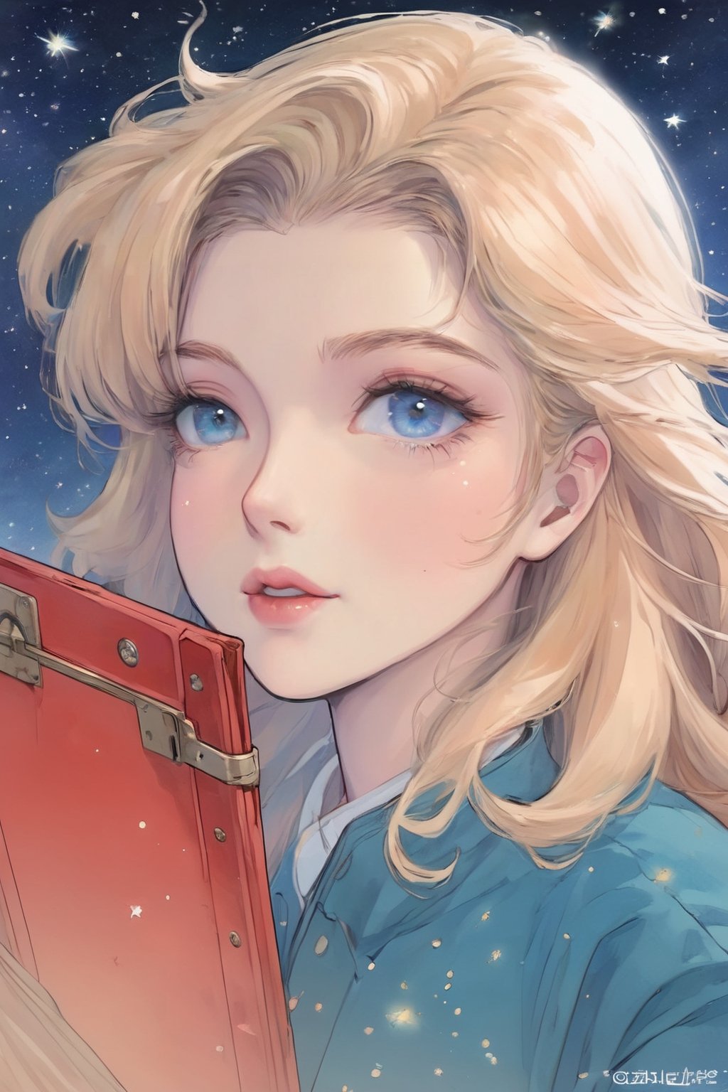 letterbox, portrait closeup, open mouth, starry sky, solo, blue eyes, 1girl, sky, (masterpiece, detailed, highres:1.4), capturing the quiet beauty and soothing essence of a woman in a whimsical, pastel watercolor world, amano yoshitaka,K-Eyes,comic book