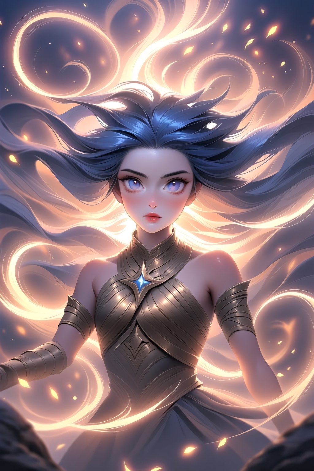 Style by NTY,  ((1girl) (((Full body image,  handsome (Xena is a warrior queen with long dark blue hair with golden strand...