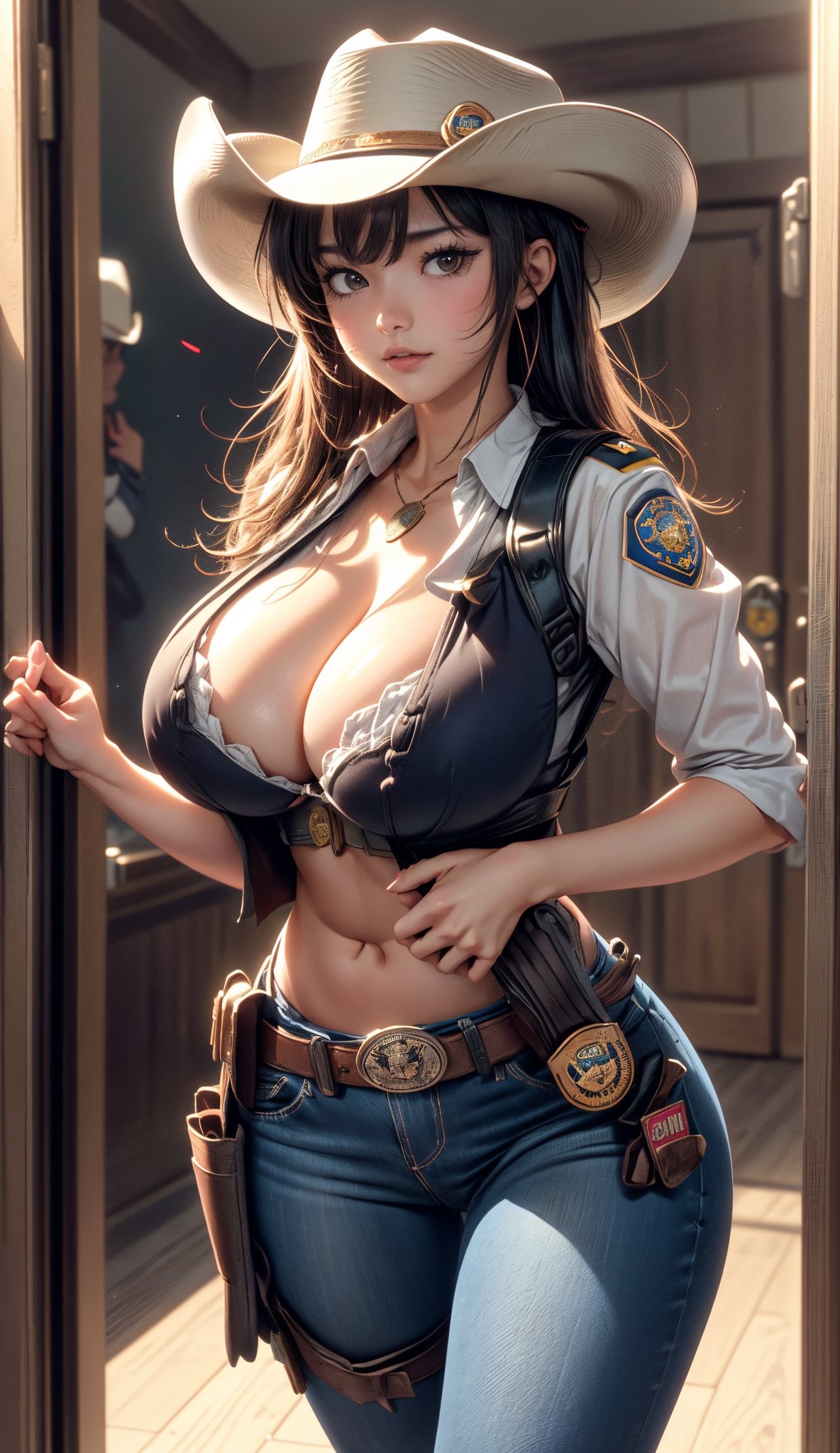 Female cowgirl with ((large_bosom_and_cleavage)), wide_hips, thick_thighs, depicted in an ((anime style)), cowboy shot, walking in to a western saloon through double swinging doors, ((only wearing holsters and cowboy hat with badge)), cowboy shot showcasing super detailed features, 4k resolution, --ar 9:16 --v 6