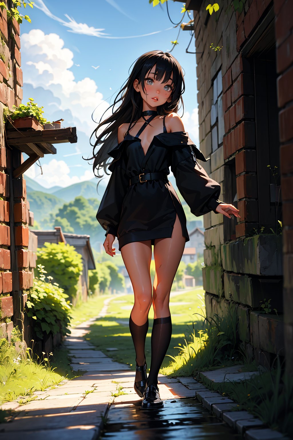 one adult girl, black hair, medium chest, straight bangs, gray eyes, gray eye, long hair, korean eyes, korean anime girl, medium chest, full lips, small lips, big korean eyes, gray eyes, black hair, completely black hair, black-hair, long hair, long_hair
((Full body)) little chest, full lips, small lips,, full lips, small lips, small mouth,
1 girl, expression of security and liveliness, insightful, fixed gaze.
 GREY EYES. chocker, dress.
feminine and wild clothing from a magical world.
The woman is in an ancient landscape, ruins from past centuries mixed with vegetation and a beautiful view of nature.