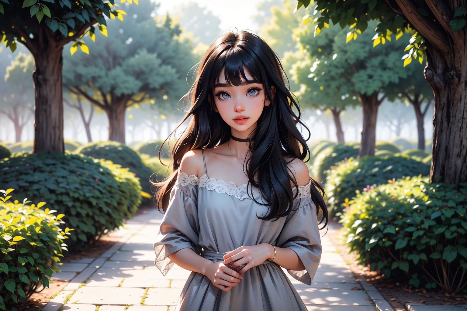 one girl alone, beautiful, black hair, medium chest, straight bangs, gray eyes, gray eye, long hair, korean eyes, korean anime girl, medium chest, full lips, small lips, big korean eyes, gray eyes, black hair, completely black hair, straight bangs through the eyebrows, black-hair, long hair, long_hair
((full body)) medium neckline, exquisite atmosphere, perfect sunlight. smile, light colored clothing, blue dress , medium neckline.

The girl has an ethereal beauty, her large, expressive grey eyes seeming to tell stories of a magical world. Her smile is radiant and suggests liveliness and inner mischief, and her clothes seem to have a magical touch that blends with the enchanting atmosphere surrounding her. The scenery behind her is a natural paradise, filled with lush greenery and perfect sunlight, creating a dreamlike ambiance. The girl seems to be an integral part of this magical world, with an aura of serenity and beauty radiating from her. 
grey eye, gray eye, gray eyes, grey eyes. straight bangs to the eyebrows, small mouth, thick lips, fleshy lips.