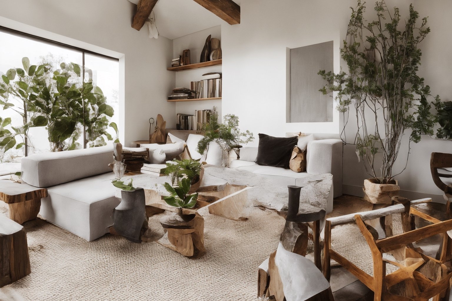 wabi sabi livingroom interior, large glass window, garden outside, dinning table and chair, couch, rough-hewn wood coffee table, day light, natural light, low contrast, potted plant, picture frame, bookshelf, books, drape