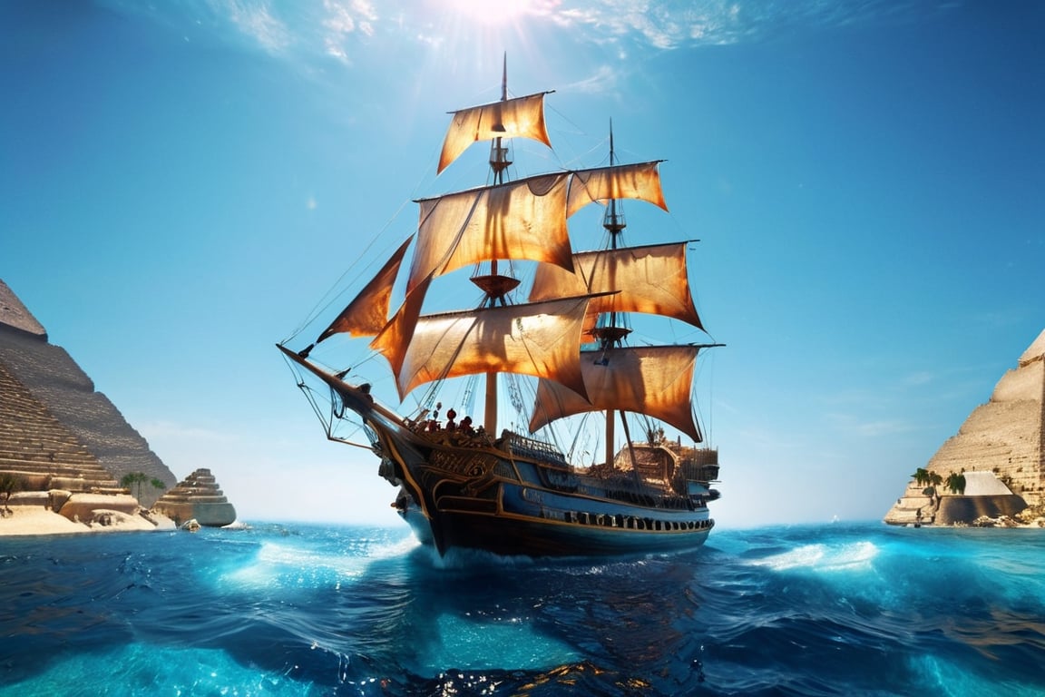 (+18) , NSFW , [The pyramids of Giza in the middle of a transparent blue ocean], Pirate ship is passing by The lazy waters , , intricate design, photorealistic, hyper-realistic, high definition, extremely detailed, cinematic, UHD, HDR, 32k, ultra hd, realistic, dark muted tones, highly detailed, perfect composition, beautiful intricate detailing , incredibly detailed octane render, trending on artstation, , nature, subsurface scattering, transparent, translucent skin, glow, bloom, Bioluminescent liquid, 3D style, cyborg style, Movie Still, Leonardo Style, warm color, vibrant, volumetric light,3d,more detail XL
