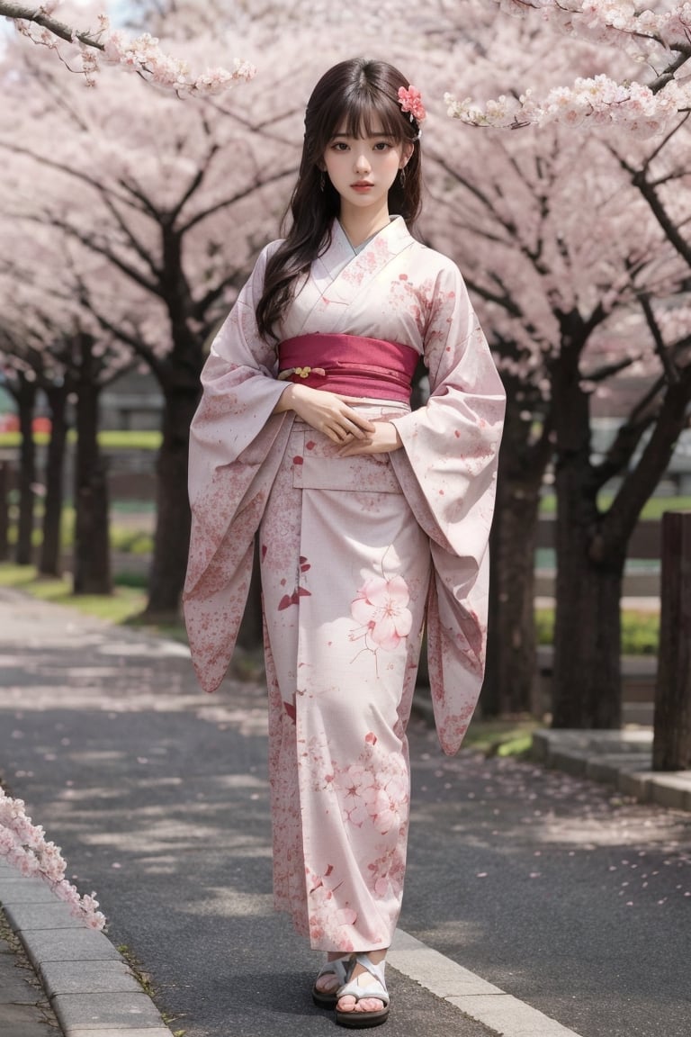 1girl, solo, outdoor, cute japanese model girl, kimono, floral print, hair ornament, looking at viewer, hair flower, brown eyes, bangs, cherry blossom grove, full body shot, 
masterpiece, best quality, realistic