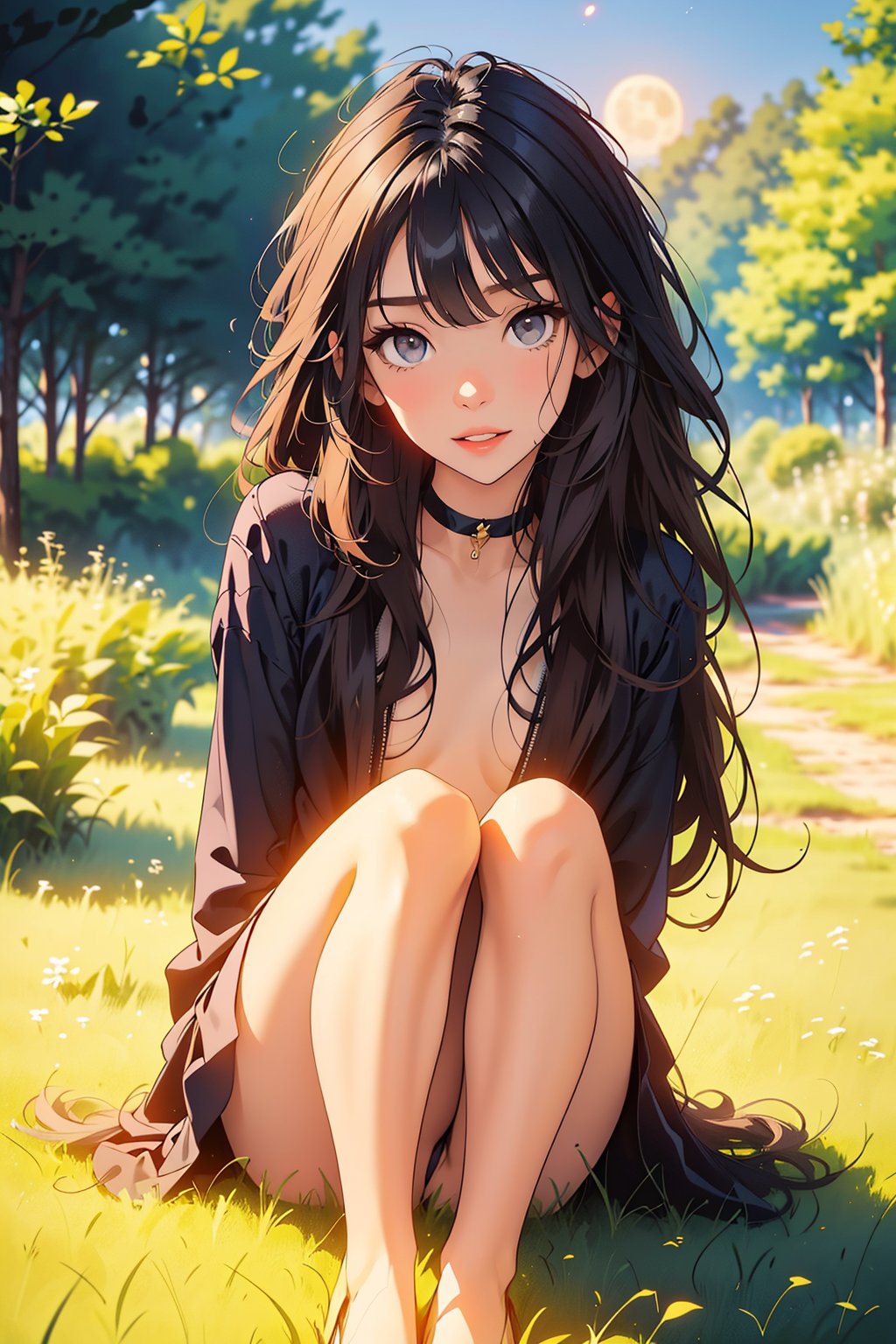 one adult girl, black hair, medium chest, straight bangs, gray eyes, gray eye, long hair, korean eyes, korean anime girl, medium chest, full lips, small lips, big korean eyes, gray eyes, black hair, completely black hair, straight bangs through the eyebrows, black-hair, long hair, long_hair
((Full body)) little chest,
1 girl, expression of security and liveliness, insightful, mischievous smile, fixed gaze.
 GRAY EYES. 
The landscape behind is a natural paradise, full of lush vegetation and the perfect moonlight on a full moon night, creating a dreamlike atmosphere. The girl seems to be an integral part of this magical world, with an aura of vitality and beauty radiating from her. choker.