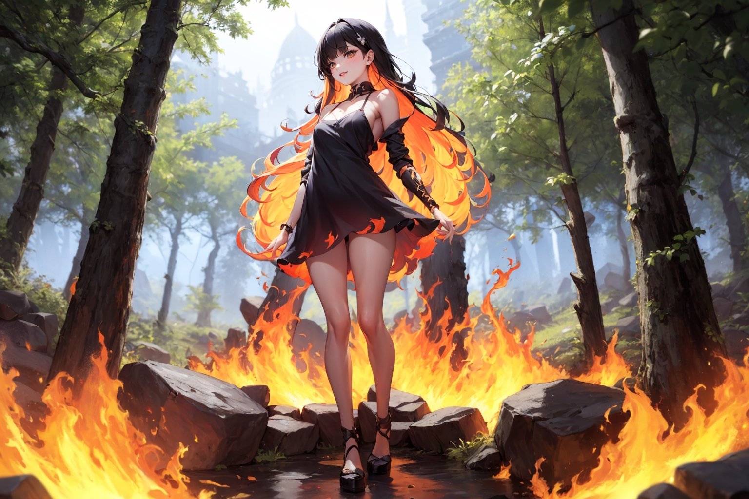 one girl, black hair, medium chest, straight bangs, gray eyes, gray eye, long hair, korean eyes, korean anime girl, medium chest, full lips, small lips, big korean eyes, gray eyes, black hair, completely black hair, straight bangs through the eyebrows, black-hair, long hair, long_hair
((Full body))
1 girl, expression of security and liveliness, insightful, mischievous smile, fixed gaze. evil expression,
 GRAY EYES. baggy clothing, loose clothing, light-colored clothing, dress, shorts, blouse, 
palace, forest, beautiful background landscape, mushrooms, colors.
fire, inner zone of fire-colored hair, fire interior color, the girl has red fire color at the bottom of the hair. red color on the inside of the hair, fire colored inner hair, fire red colored inner hair, blow, 1 girl, pin-up,