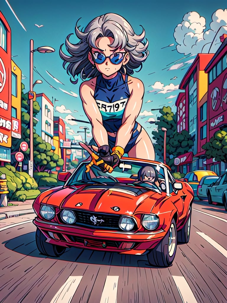 masterpiece, best quality, high Resolution, toriyama_akira style
1girl, expressive outfits, gray hair, long hair, nice brest
driver, driving 1970 ford mustang convertible, 1970 mustang convertible, wear sun glasses, wfingerless gloves, 
road, sky, city, morning, hair flying, racing car painting looking_at_viewer, midjourney, 1 girl