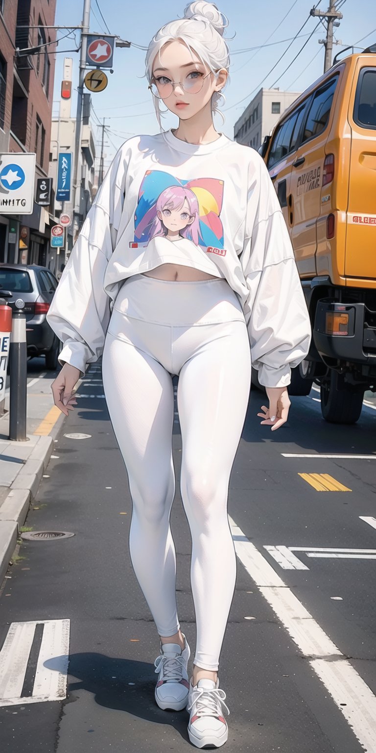 1 girl, lady, bright color, over size long shirt, (graphic_oversize_tshirt:1.2),  (white_leggings:1.5), converse sneakers, rainbow sun glasses, full body, hair bun, walking on crossing, NYC street