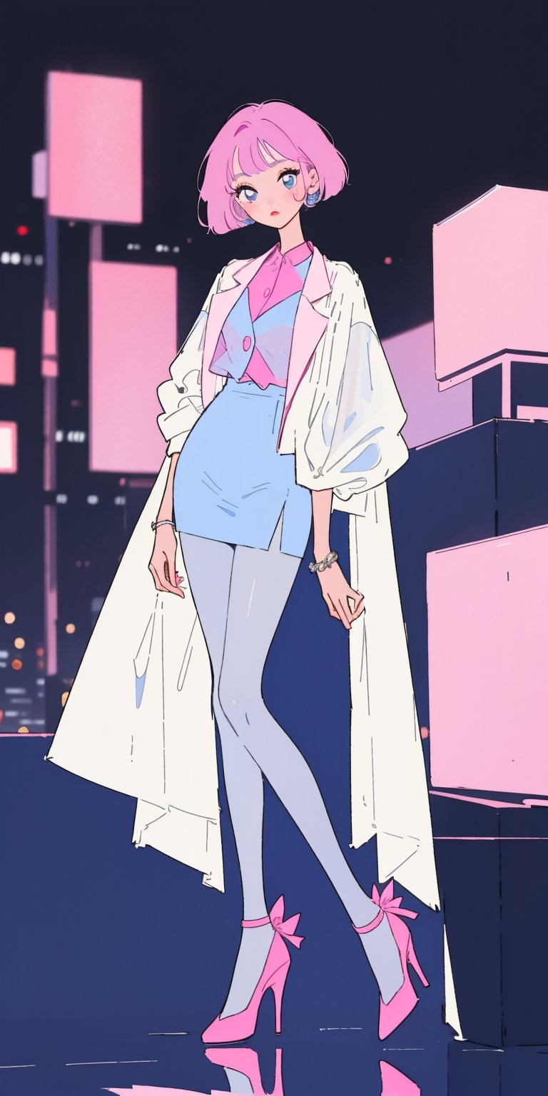 (((solo))), (((1 girl))), beautiful, masterpiece, best quality, extremely detailed face, perfect anatomy, perfect lighting, A mysterious woman, wearing white blouse, hot pink fit suit jacket, pink short skirts, blue eyes, hime cut hairstyle, 5d see through black pantyhose, high heels, tokyo city night background, blur background, midnight, full body, 