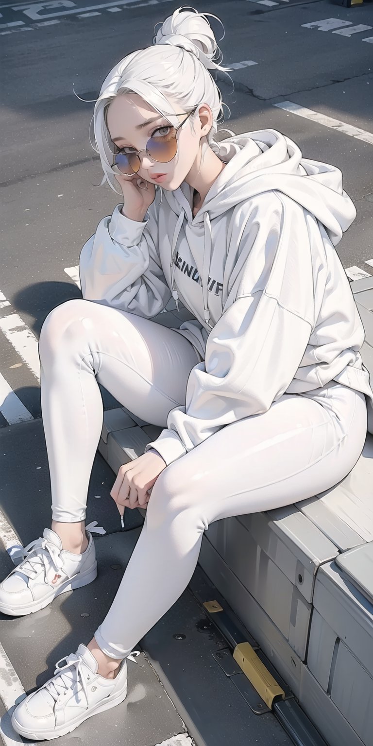 1 girl, lady, bright color, (graphic_oversize_hoodie:1.5),  (white_leggings:1.5), converse sneakers, rainbow sun glasses, fine purse, high end decorations, full body, hair bun, NYC street, sit on road curb, (low_angle:1.5), (under view shot:1.5),