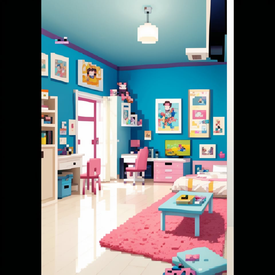 boy's room, anime style, CLEAN room, posters, toys, from top