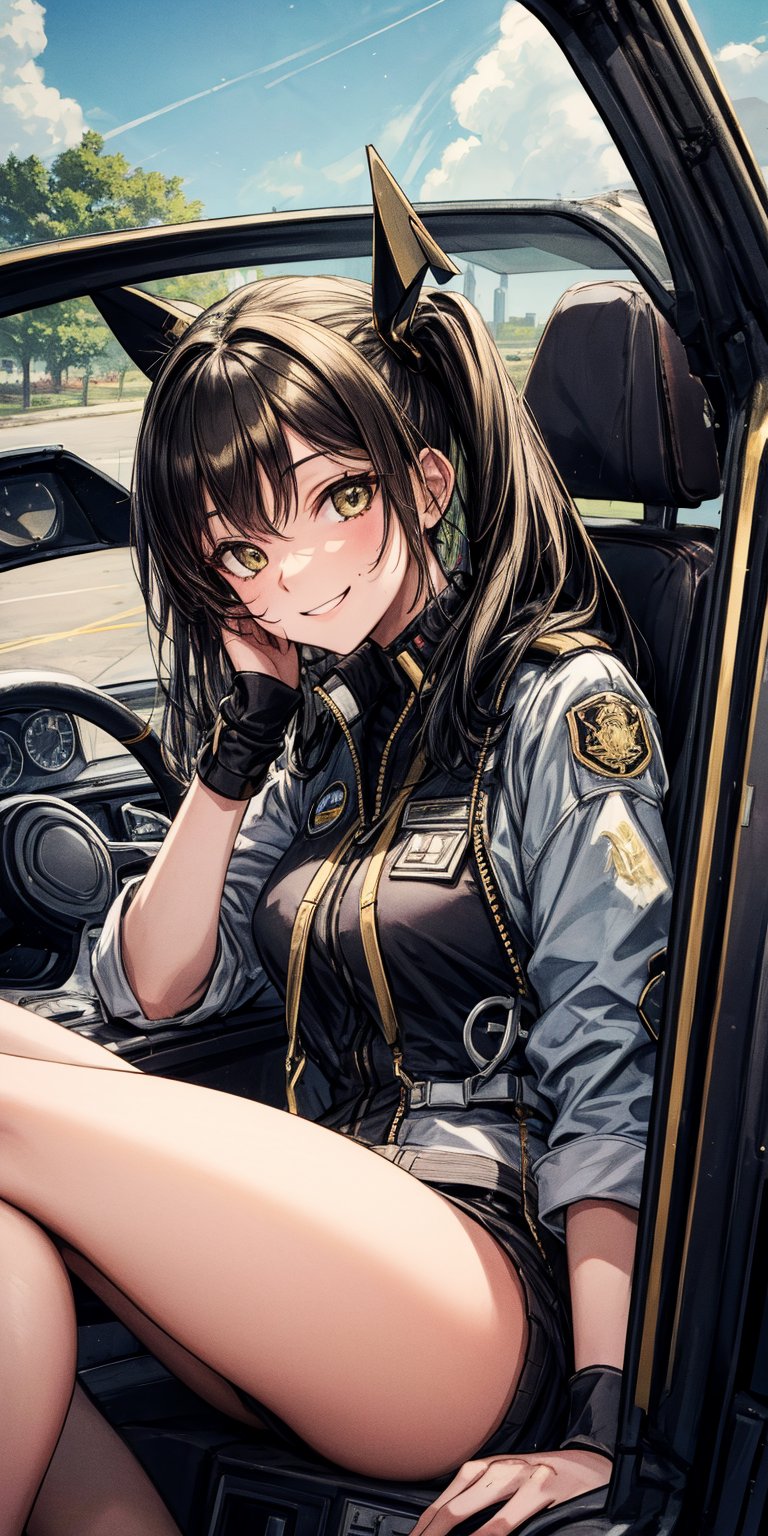 black, gold, summer afternoon, relaxed smile, flight cockpit