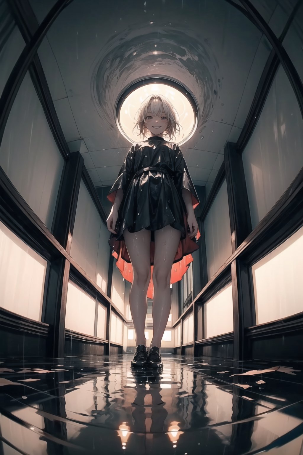 1 girl ,solo, smile, standing, midnight, rainy night, (from below 1.5), (random view 1.5), (fish eye 1.3), (full body 1.5), wet hair, wet skin, wet floor, very shallow water pond, reflection, looking_at_viewer, street view,yofukashi background