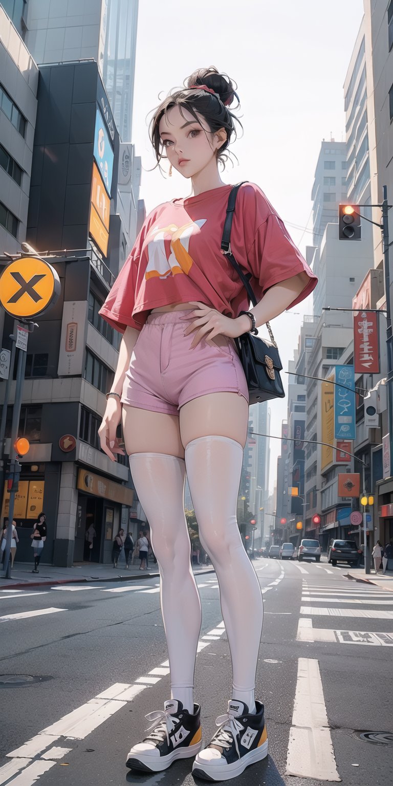 1 girl, lady, bright color, (oversized_t-shirt:1.5), (low_rise_spandex_hotpants:1.3), sexy Thigh High stockings, converse sneakers, light color shades, one fine purse, high end decorations, full body, hair bun, walking on crossing, NYC crossing, road curb, trific light, (from_side:1.3), (from_below:1.5)