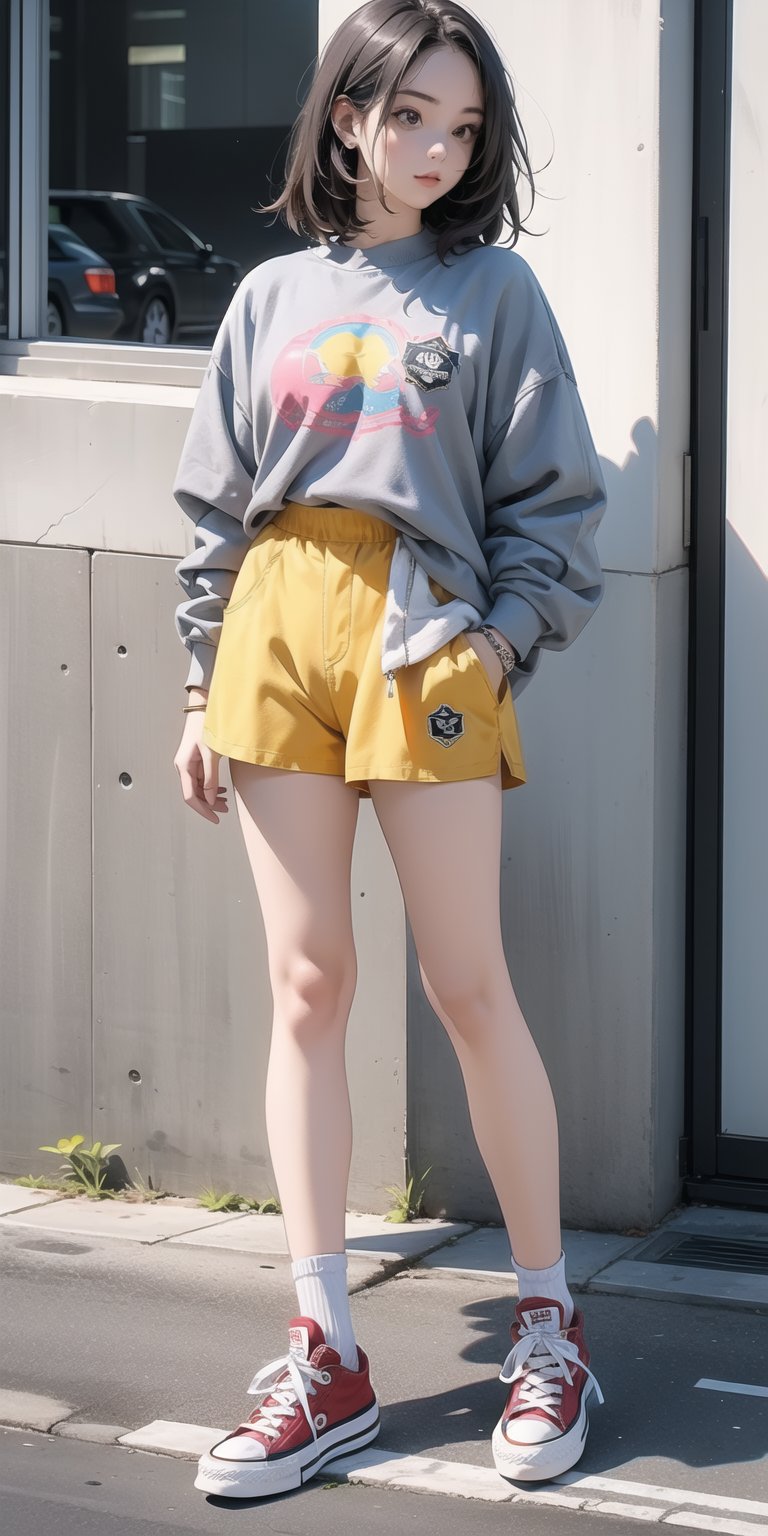 1 girl, lady, bright color, super shorts, gray pantyhose, converse sneakers, full body