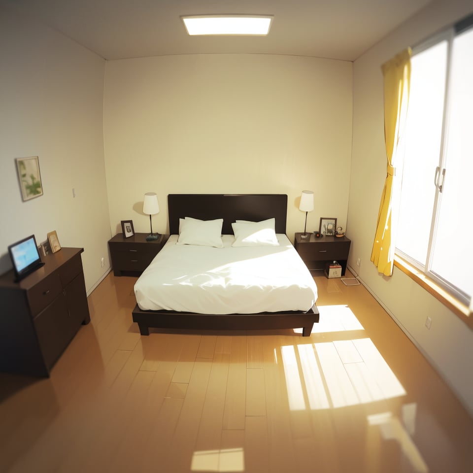 tilt shift room, anime style, CLEAN room, minimalist