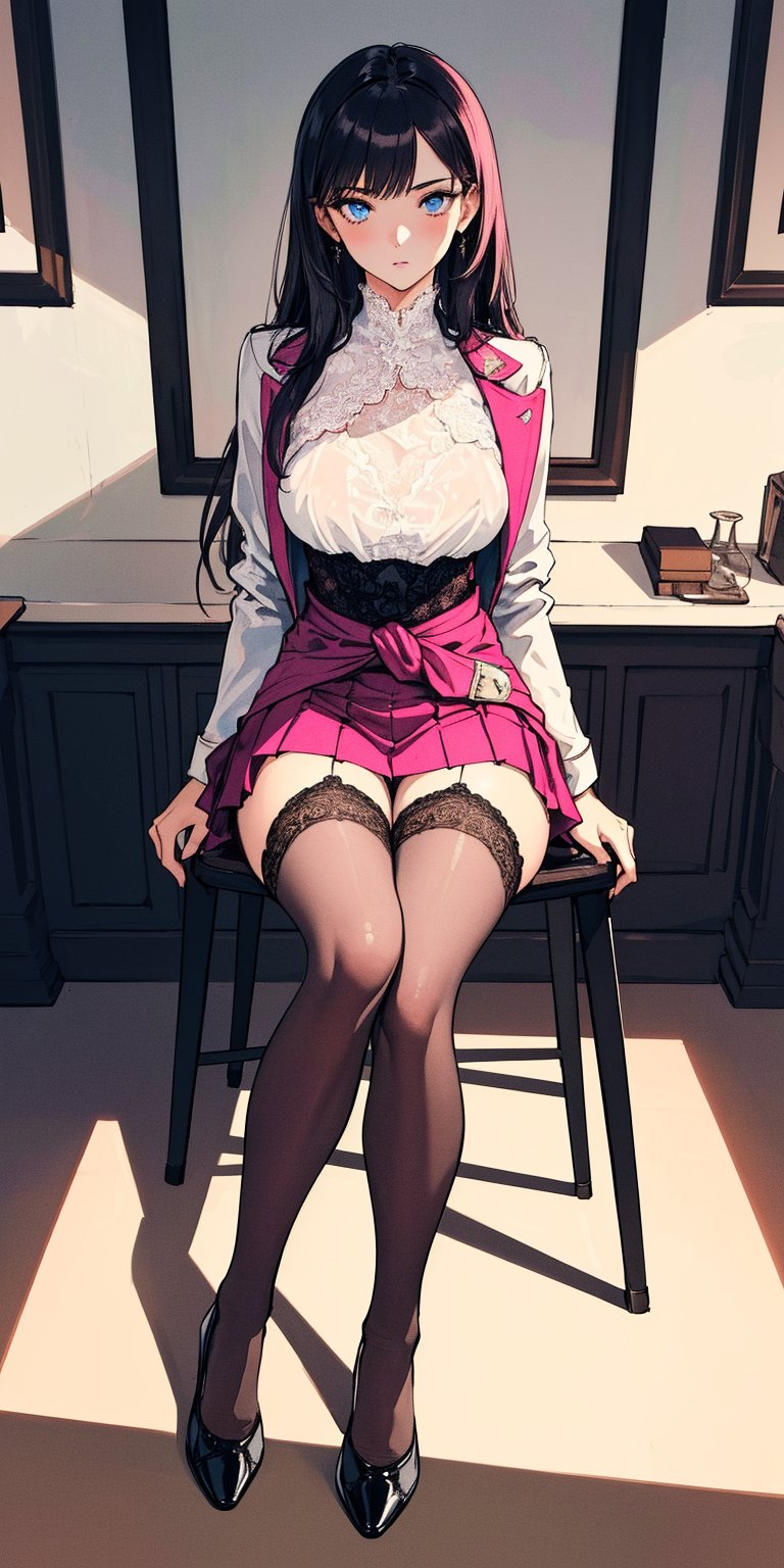 (((solo))), (((1 girl))), beautiful, masterpiece, best quality, extremely detailed face, perfect lighting, A mysterious woman, (((perfect anatomy))), (((right anatomy))), (((correct anatomy)))
white lace blouse, hot pink fit suit jacket, pink short skirts, blue eyes, waist long hair, hime cut hairstyle, see through stockings, sit on chair, cross legs, high heels
lobby, from bottom