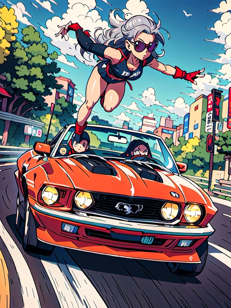 masterpiece, best quality, high Resolution, toriyama_akira style
1girl, expressive outfits, gray hair, long hair, nice brest
driver, driving 1970 ford mustang convertible, 1970 mustang convertible, wear sun glasses, wfingerless gloves, 
road, sky, city, morning, hair flying, racing car painting looking_at_viewer, midjourney, 1 girl